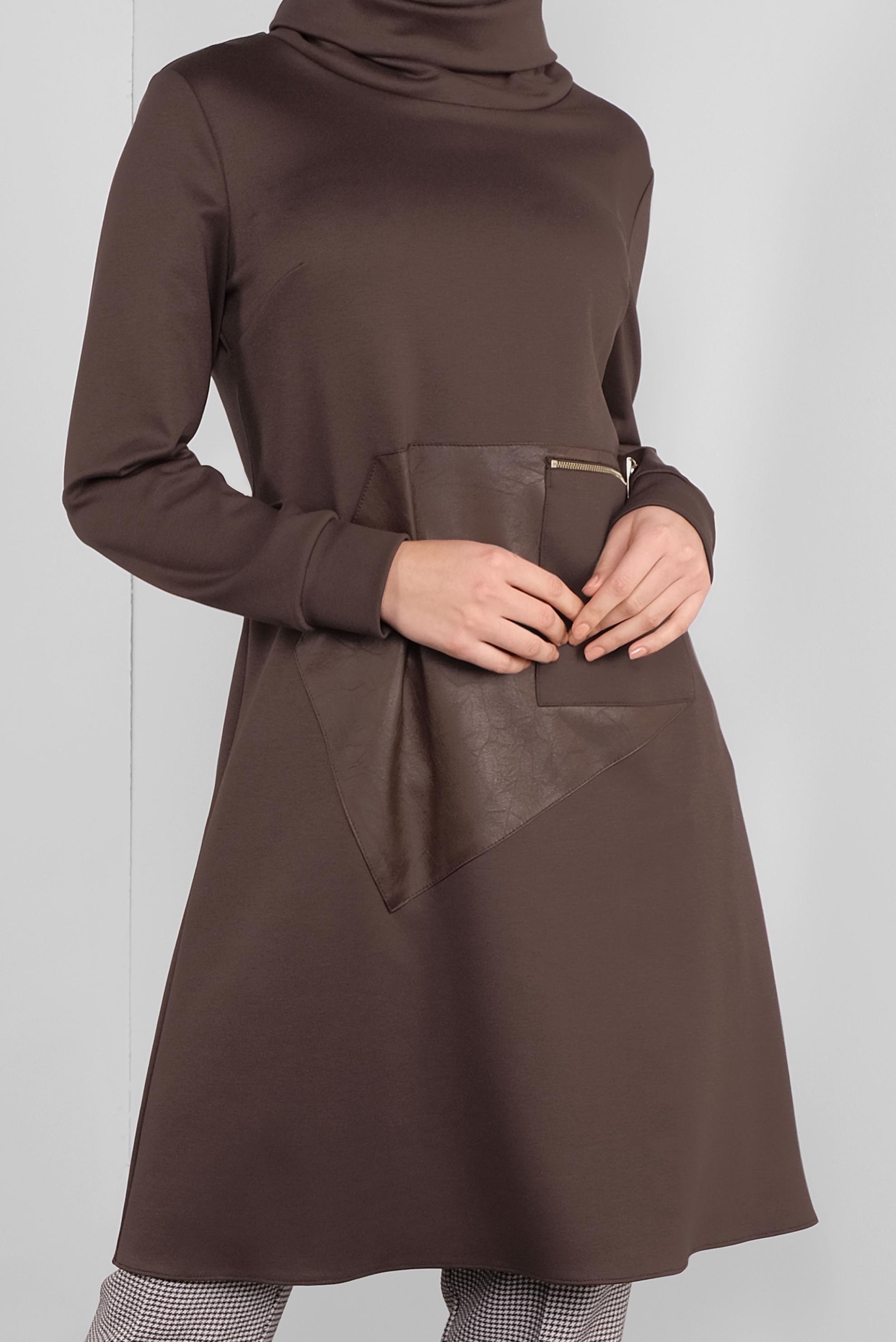 Tesettür giyim KAHVE DERİ DETAYLI FERMUARLI TUNİK 41290 