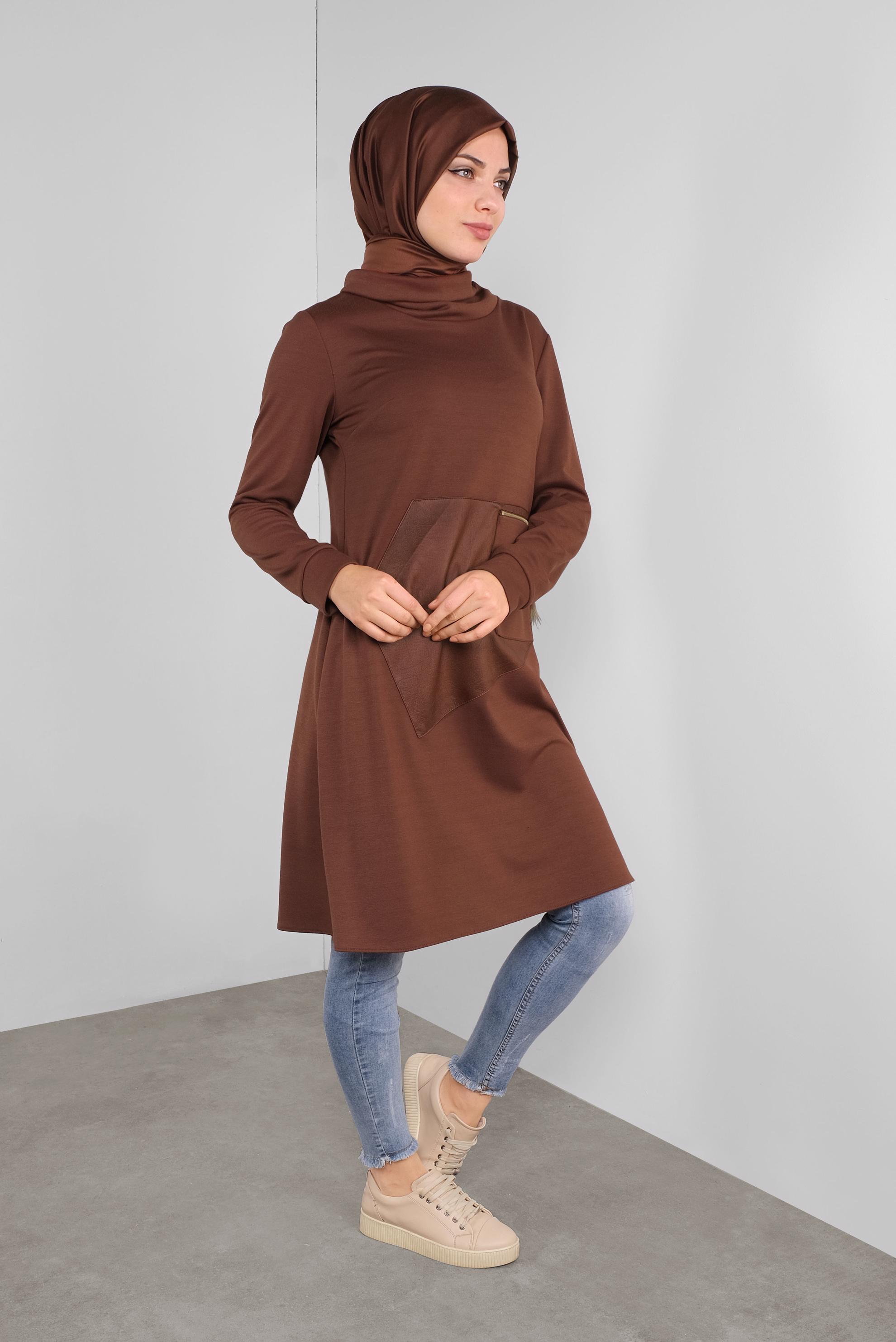 Tesettür giyim TURUNCU DERİ DETAYLI FERMUARLI TUNİK 41290 
