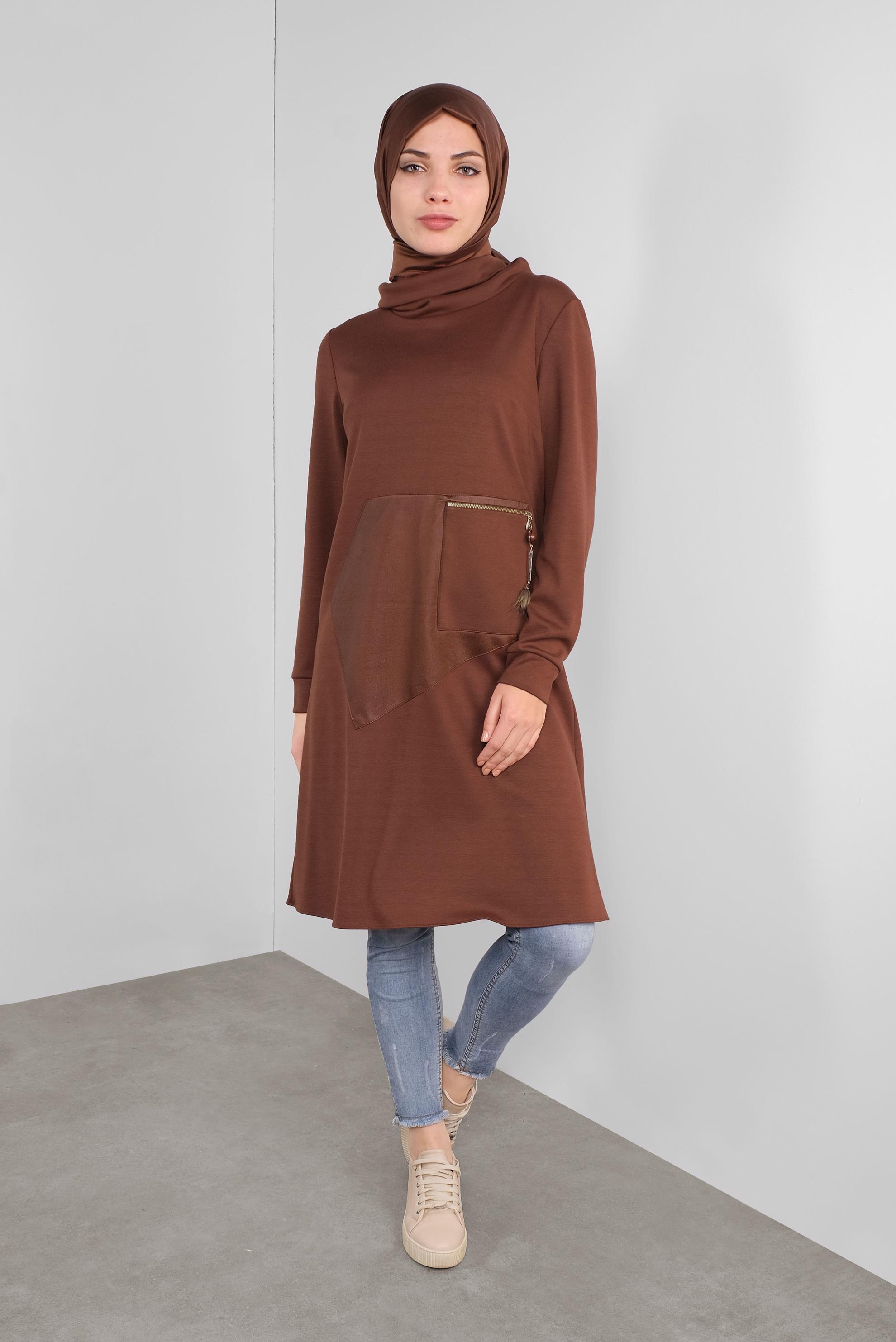 Tesettür giyim TURUNCU DERİ DETAYLI FERMUARLI TUNİK 41290 