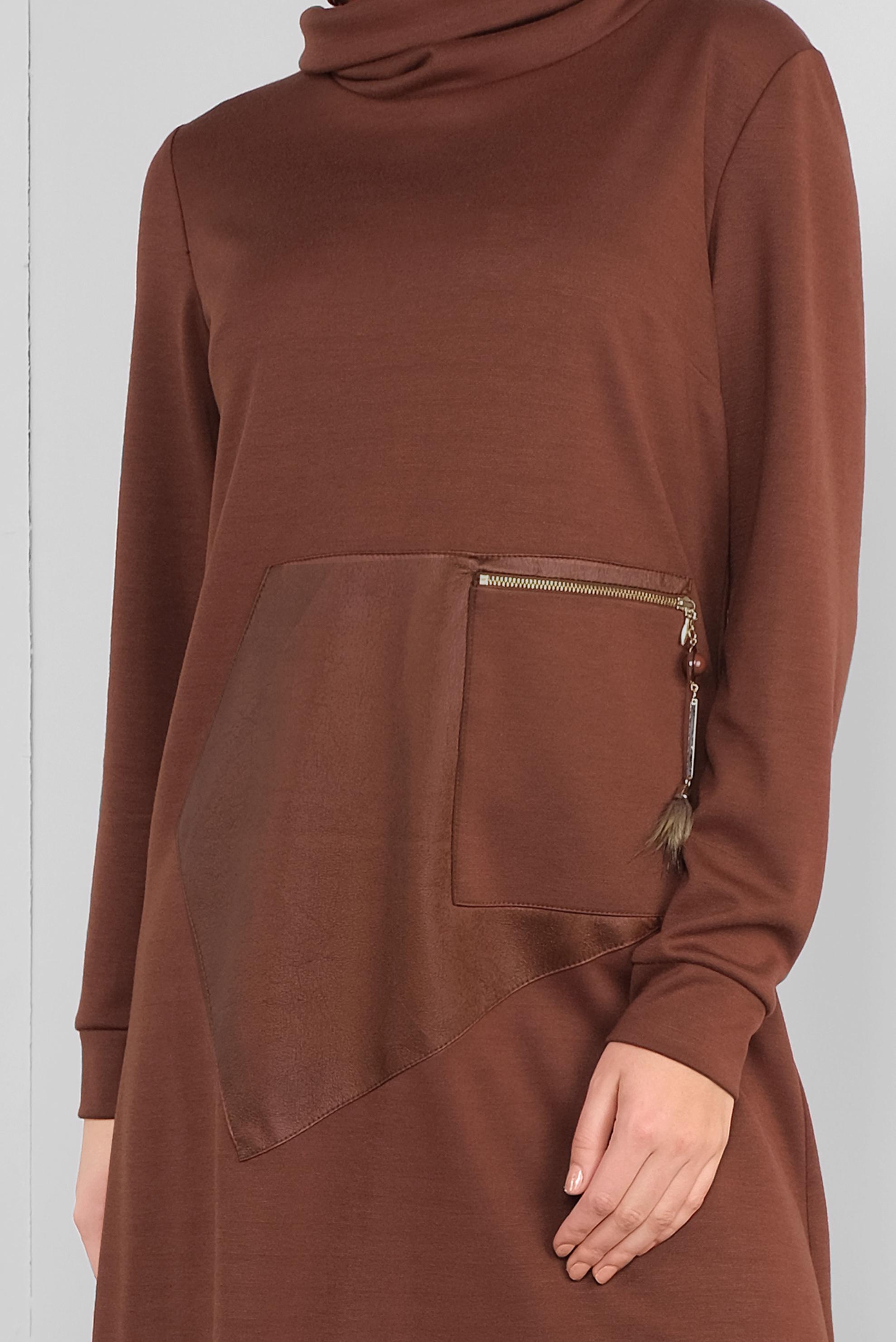 Tesettür giyim TURUNCU DERİ DETAYLI FERMUARLI TUNİK 41290 