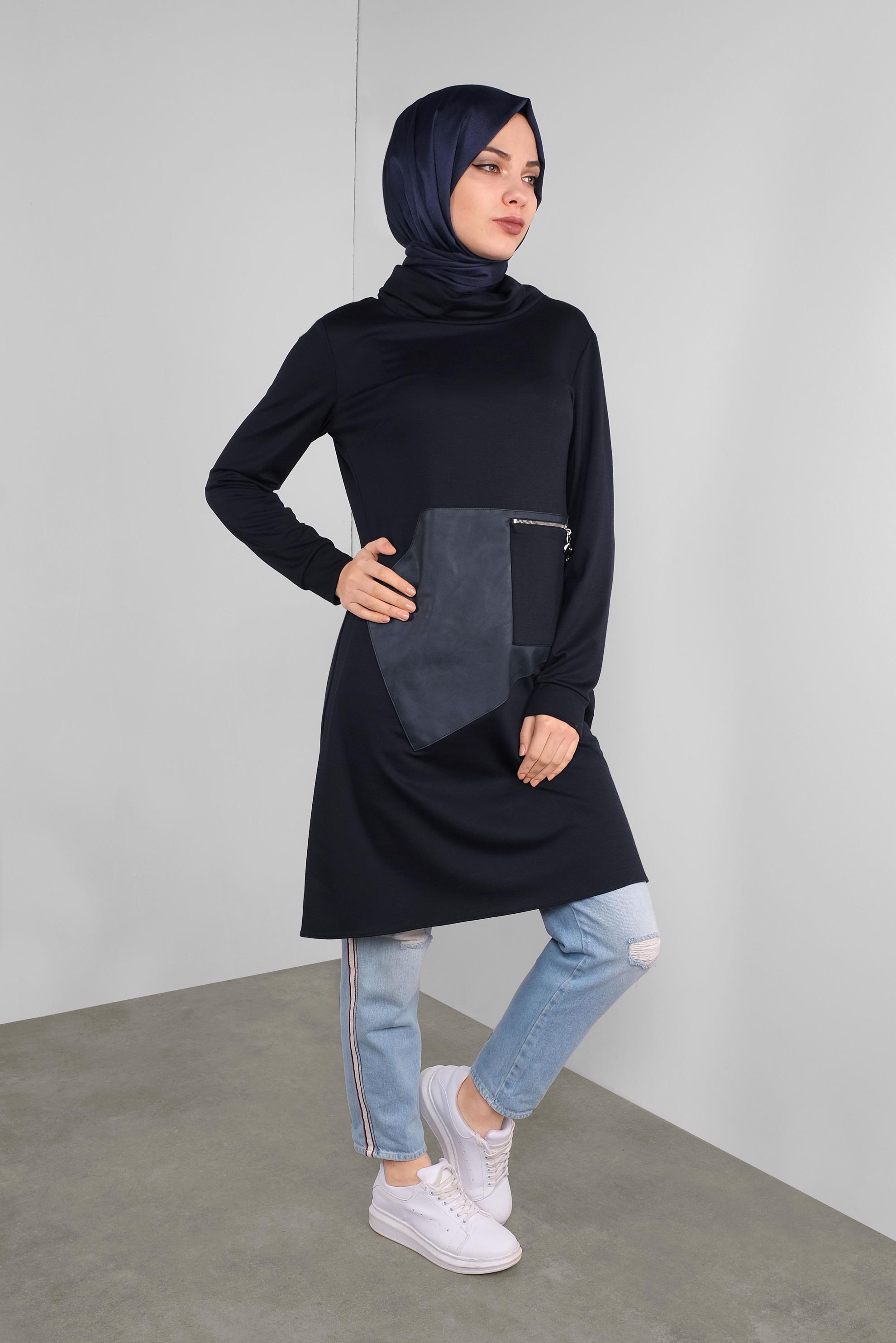 Tesettür giyim LACİVERT DERİ DETAYLI FERMUARLI TUNİK 41290 