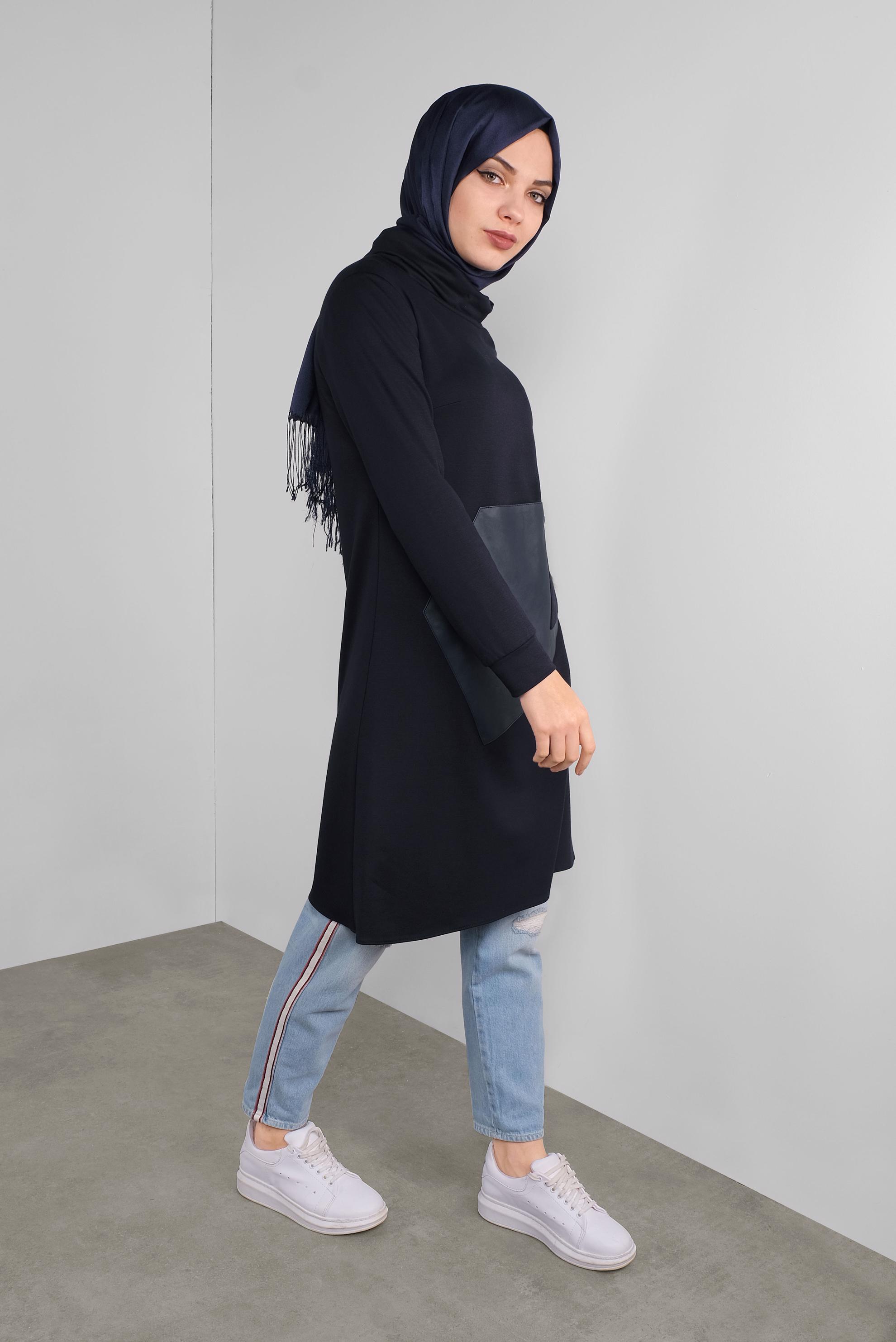 Tesettür giyim LACİVERT DERİ DETAYLI FERMUARLI TUNİK 41290 