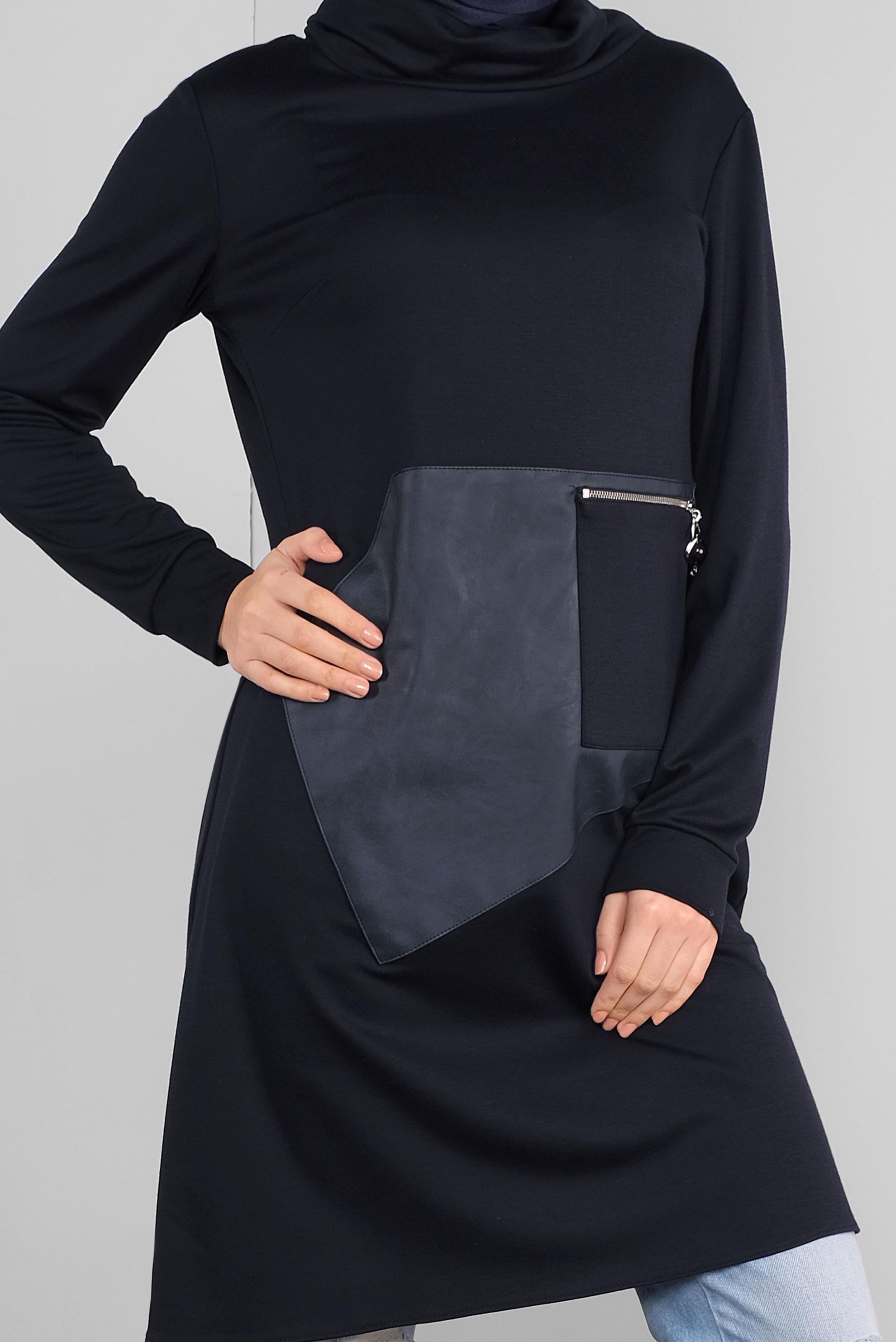 Tesettür giyim LACİVERT DERİ DETAYLI FERMUARLI TUNİK 41290 