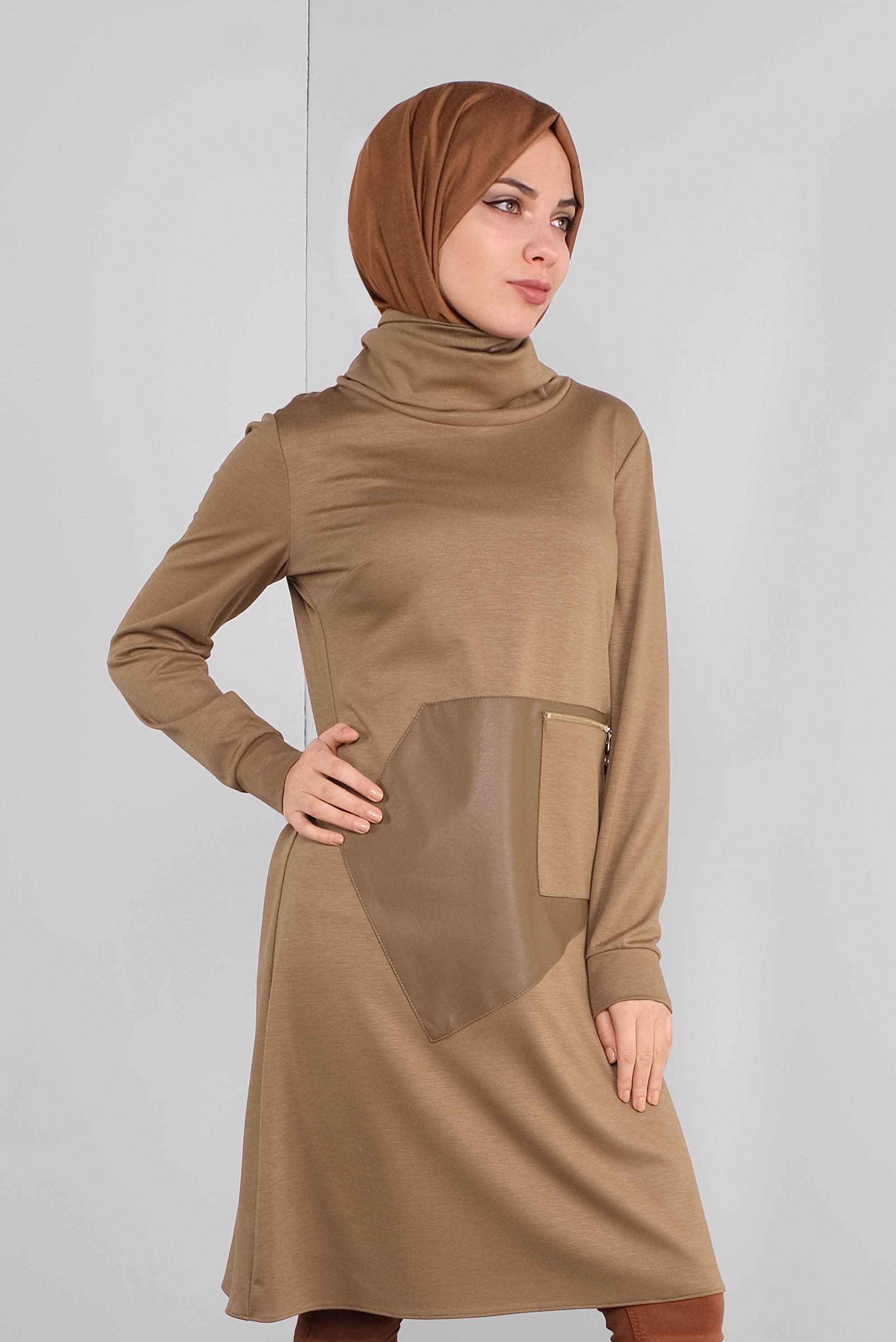 Tesettür giyim KAHVE DERİ DETAYLI FERMUARLI TUNİK 41290 