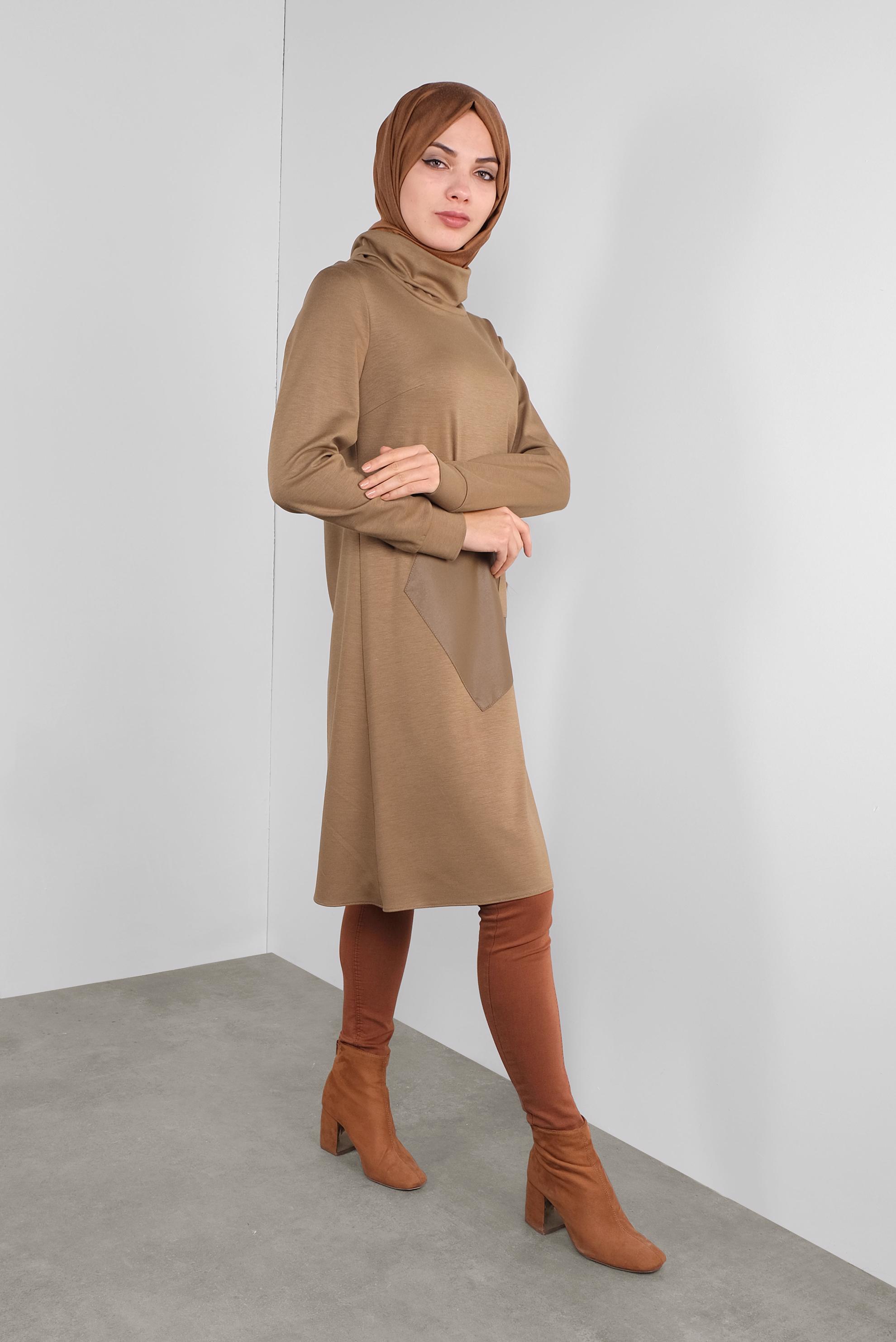 Tesettür giyim KAHVE DERİ DETAYLI FERMUARLI TUNİK 41290 