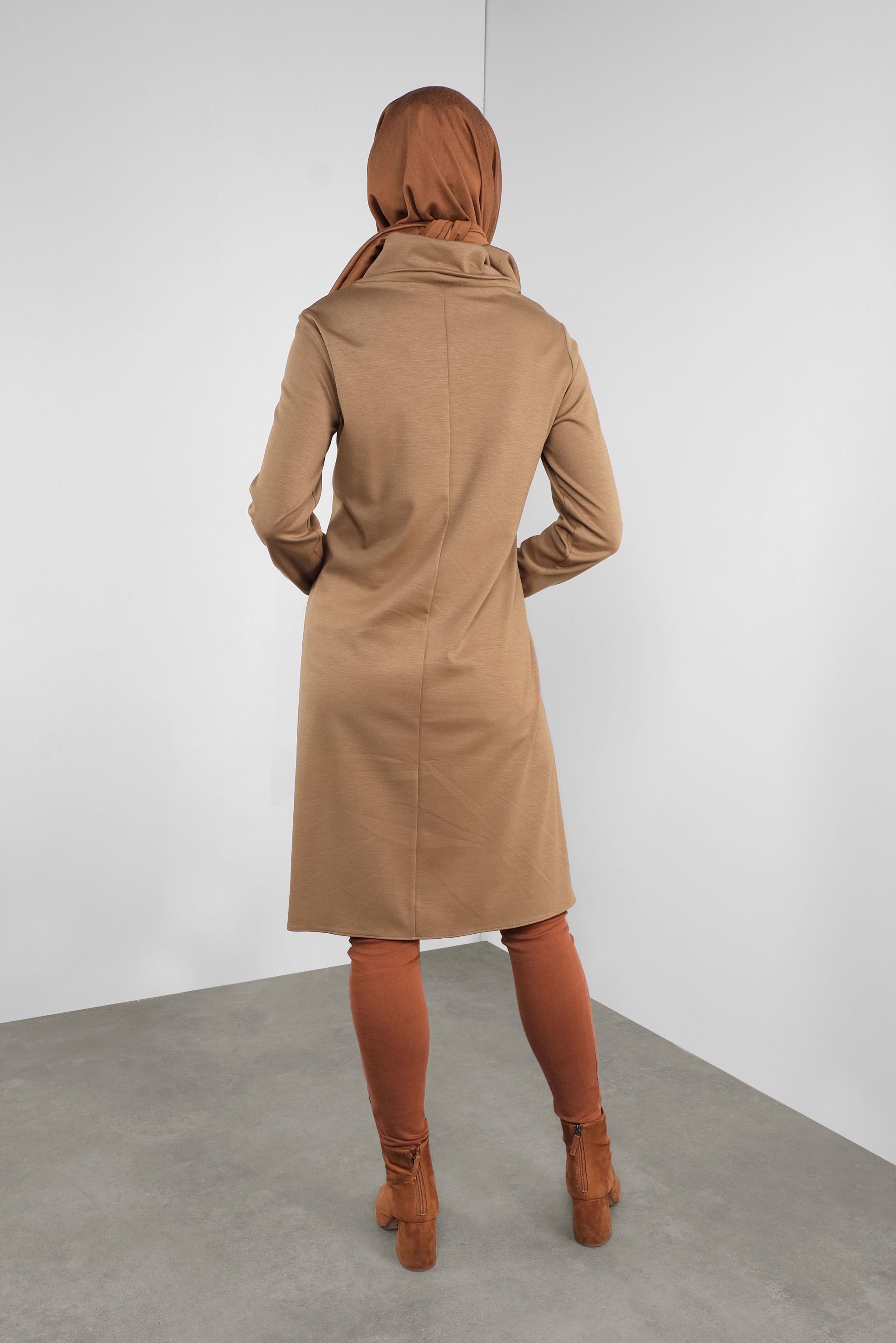 Tesettür giyim KAHVE DERİ DETAYLI FERMUARLI TUNİK 41290 