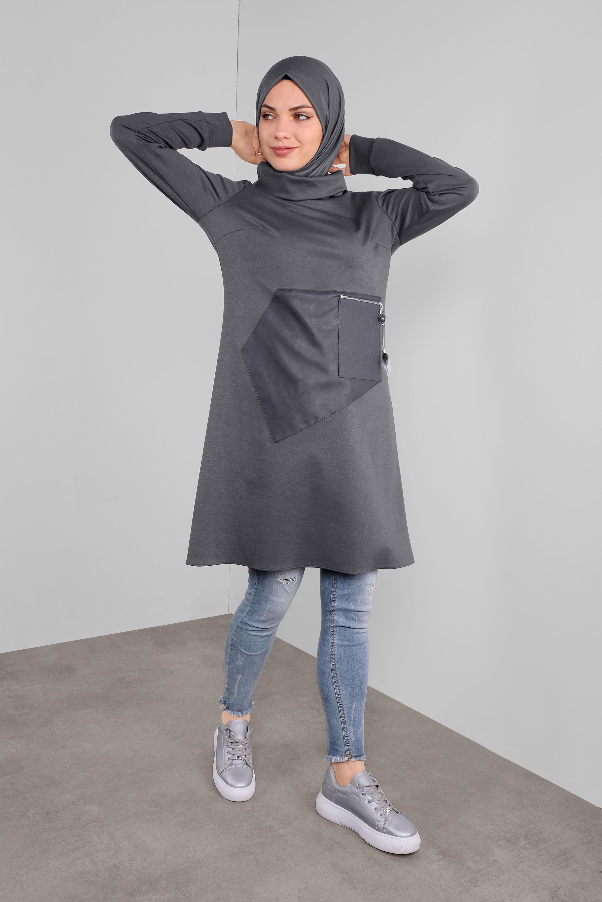 Tesettür giyim GRİ DERİ DETAYLI FERMUARLI TUNİK 41290 