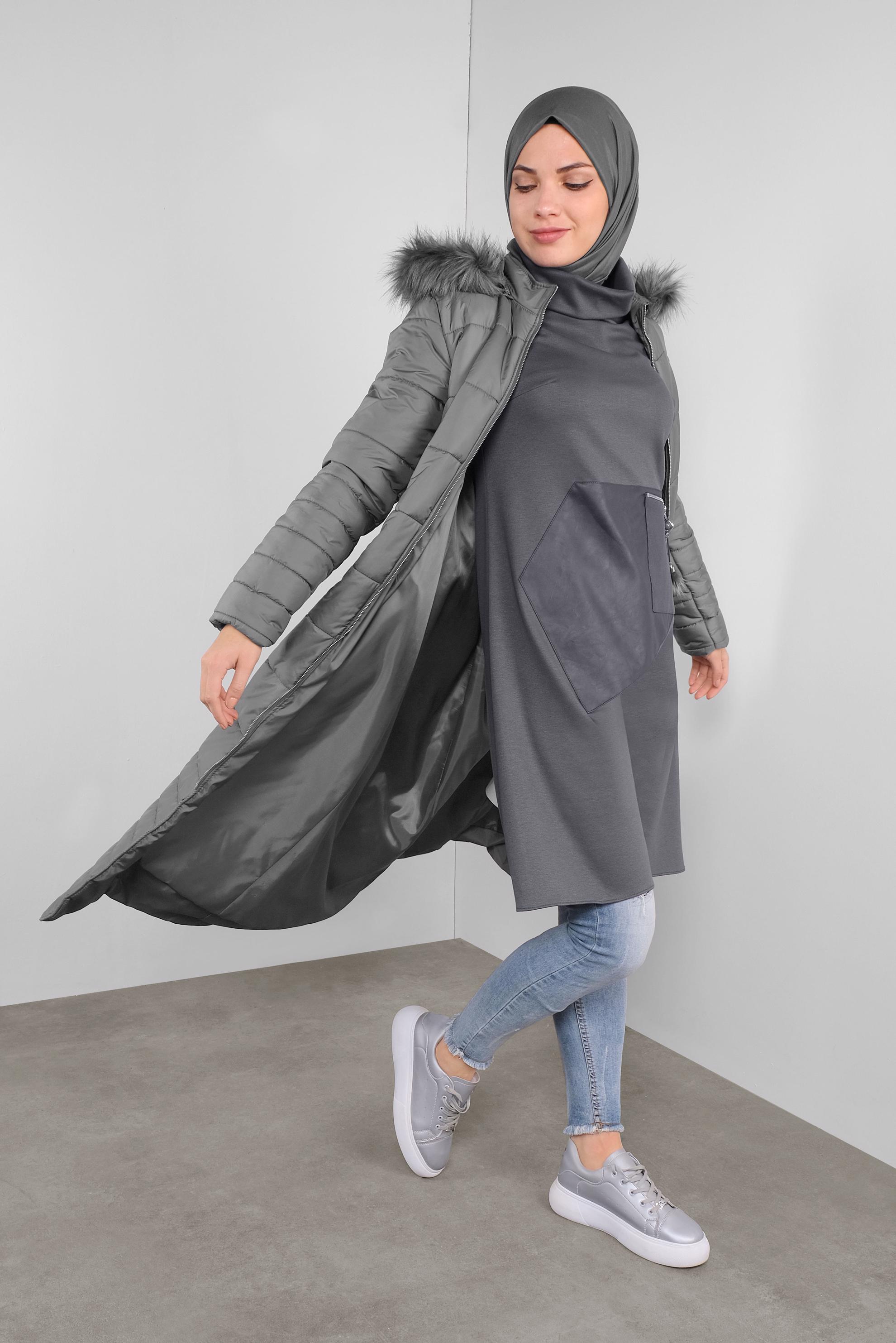 Tesettür giyim GRİ DERİ DETAYLI FERMUARLI TUNİK 41290 