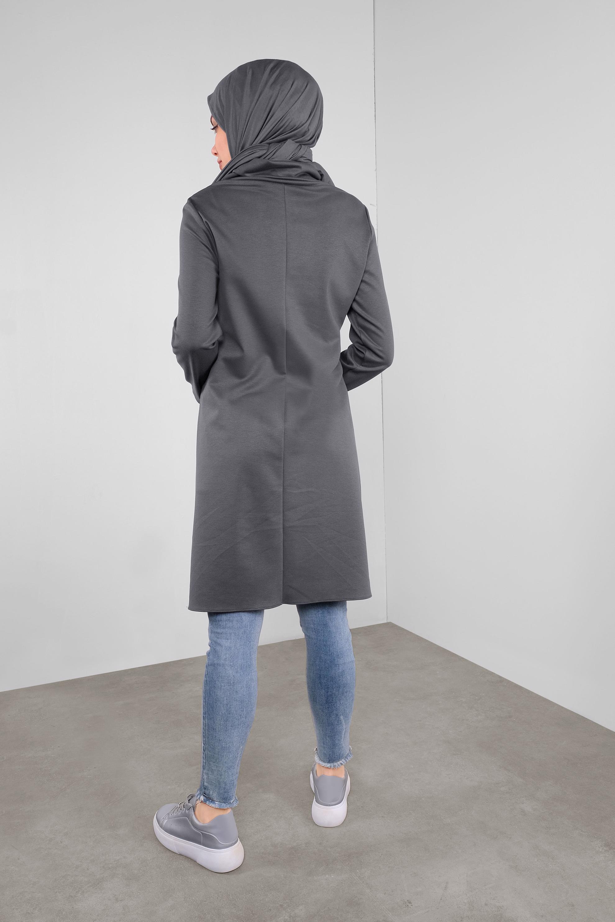 Tesettür giyim GRİ DERİ DETAYLI FERMUARLI TUNİK 41290 