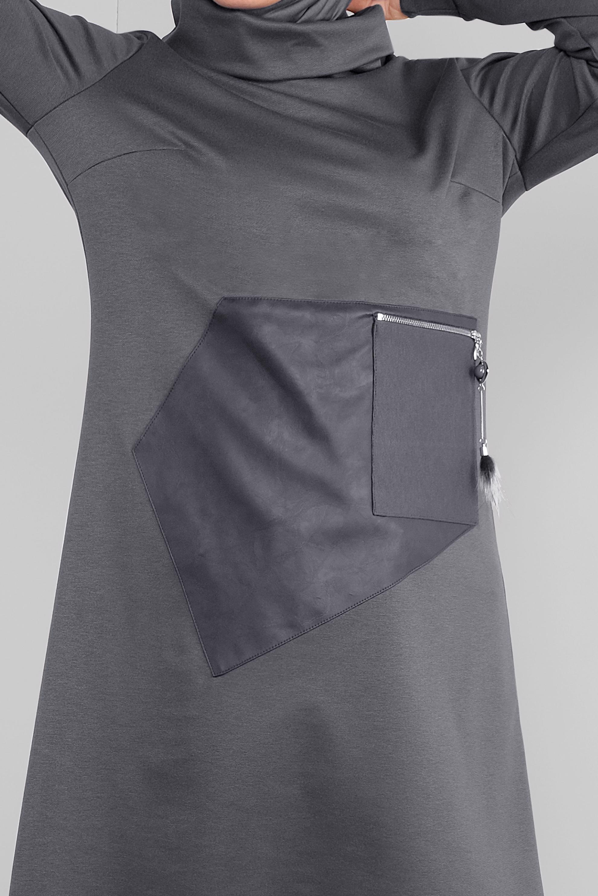 Tesettür giyim GRİ DERİ DETAYLI FERMUARLI TUNİK 41290 