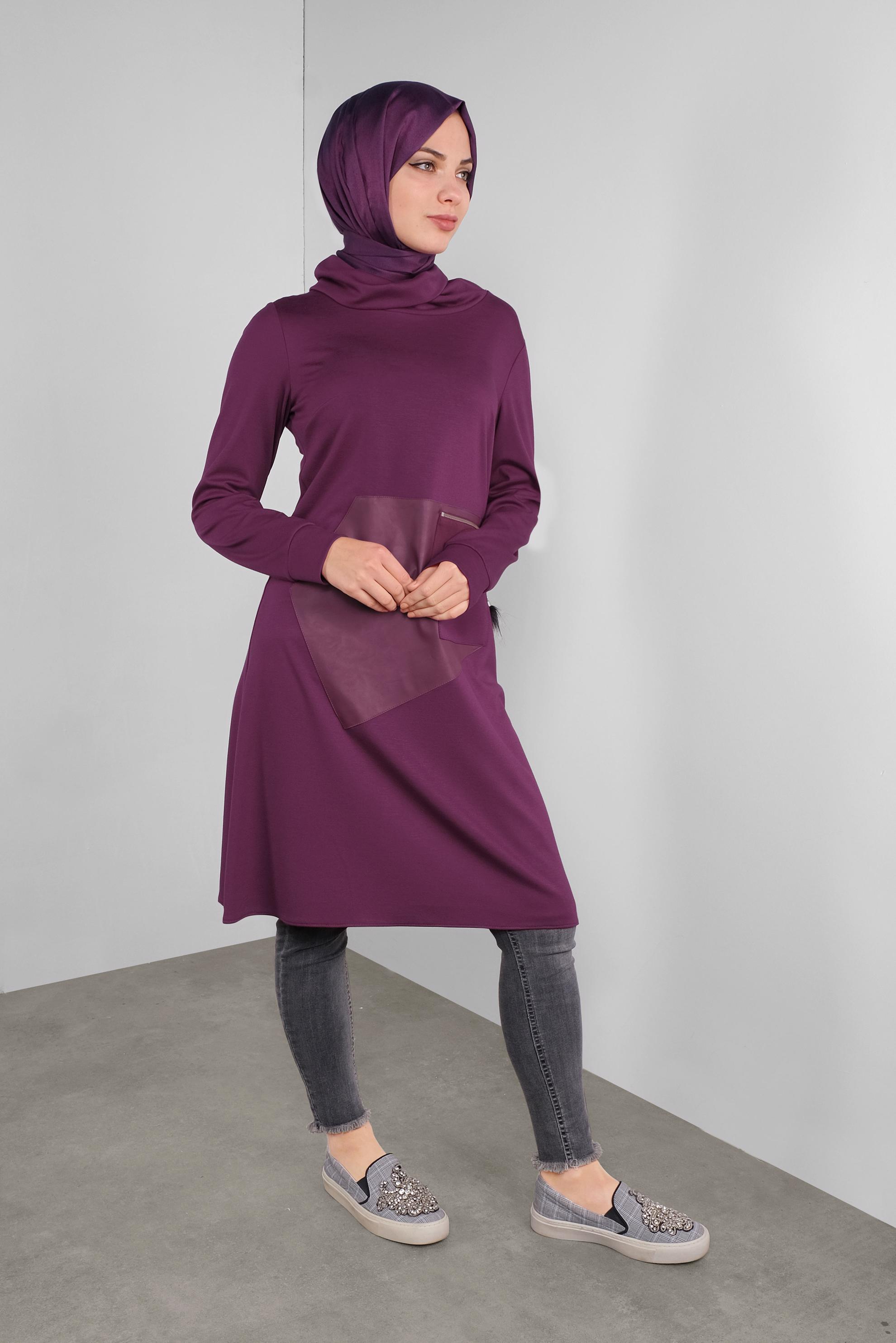 Tesettür giyim MOR DERİ DETAYLI FERMUARLI TUNİK 41290 