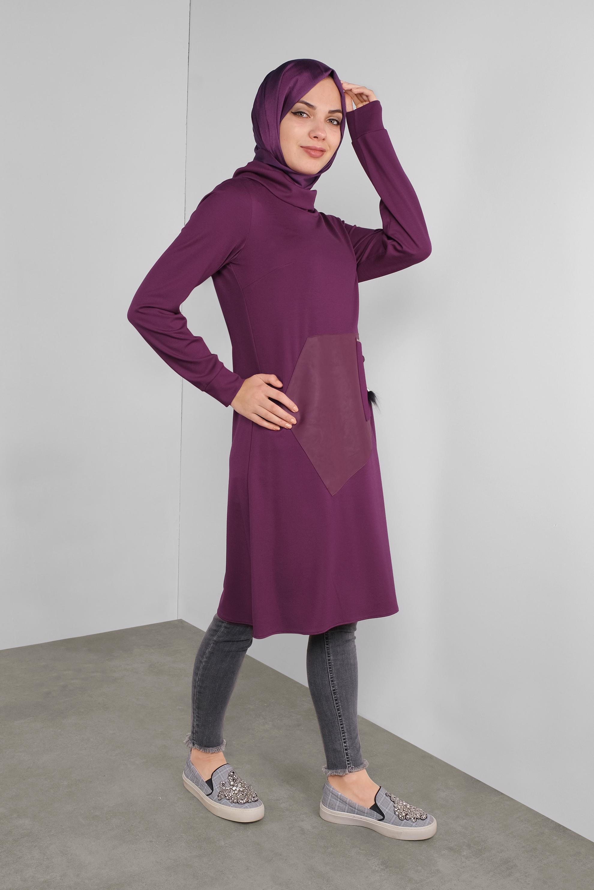 Tesettür giyim MOR DERİ DETAYLI FERMUARLI TUNİK 41290 