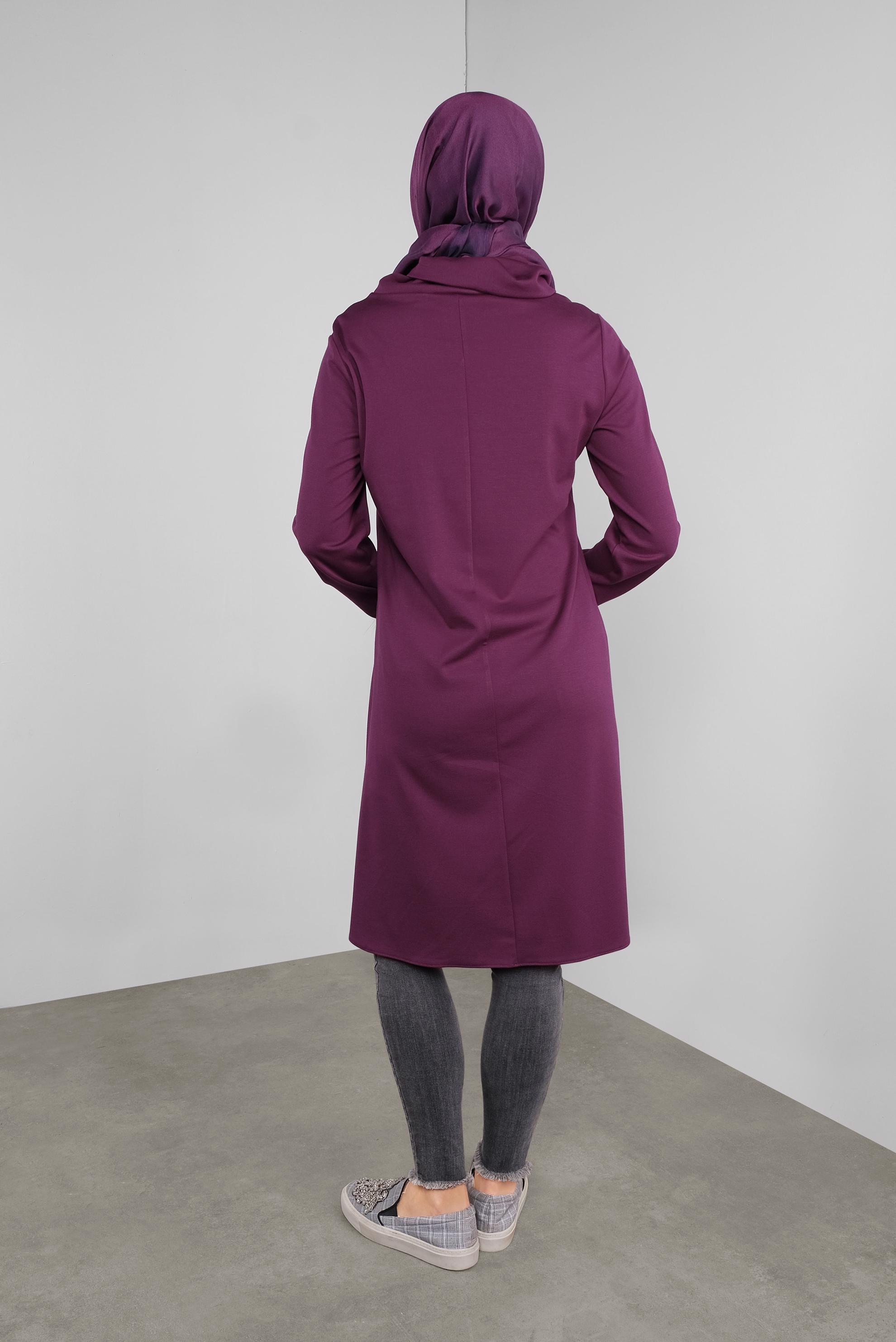 Tesettür giyim MOR DERİ DETAYLI FERMUARLI TUNİK 41290 