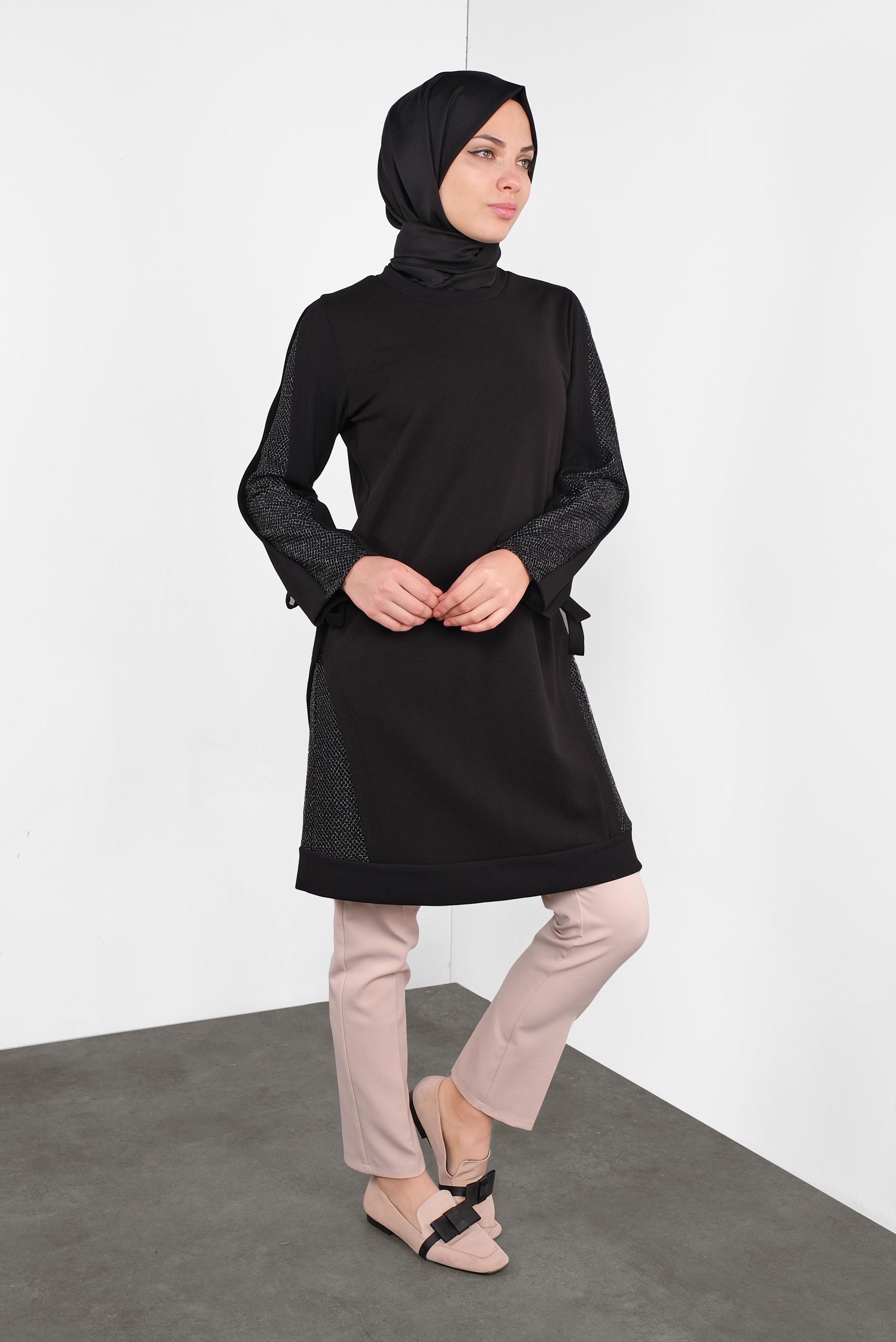 Tesettür giyim SİYAH FİLE DETAYLI TUNİK 41291