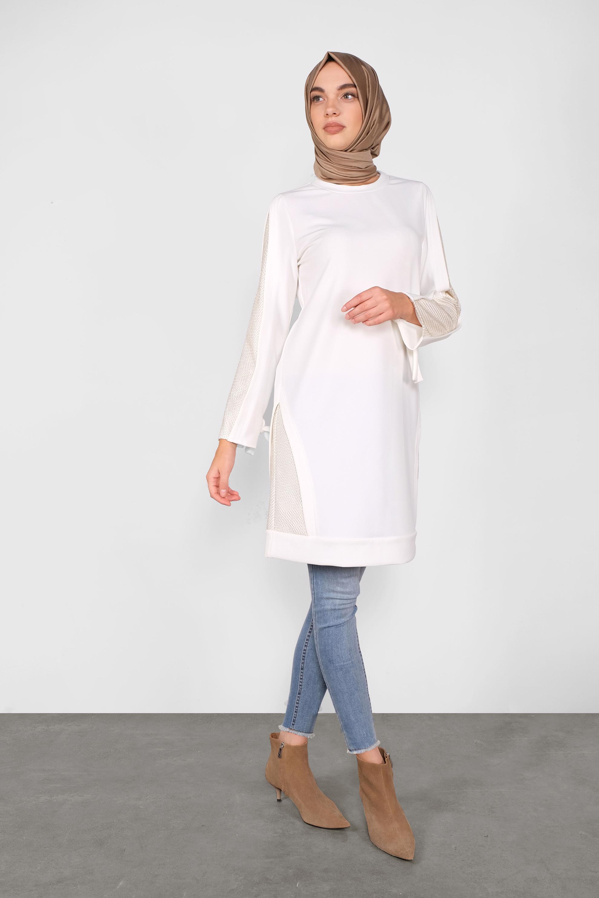 Tesettür giyim BEYAZ FİLE DETAYLI TUNİK 41291