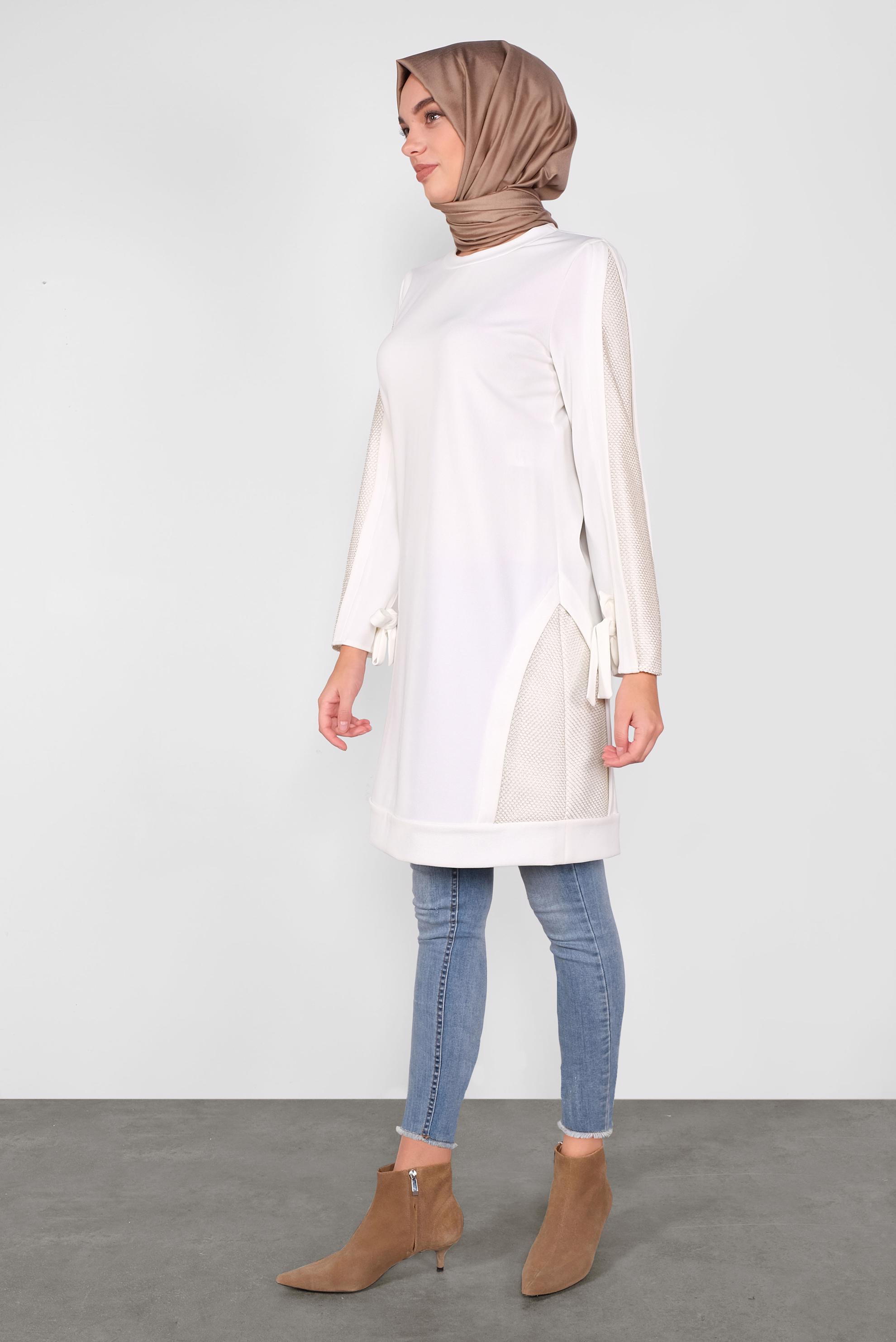 Tesettür giyim BEYAZ FİLE DETAYLI TUNİK 41291