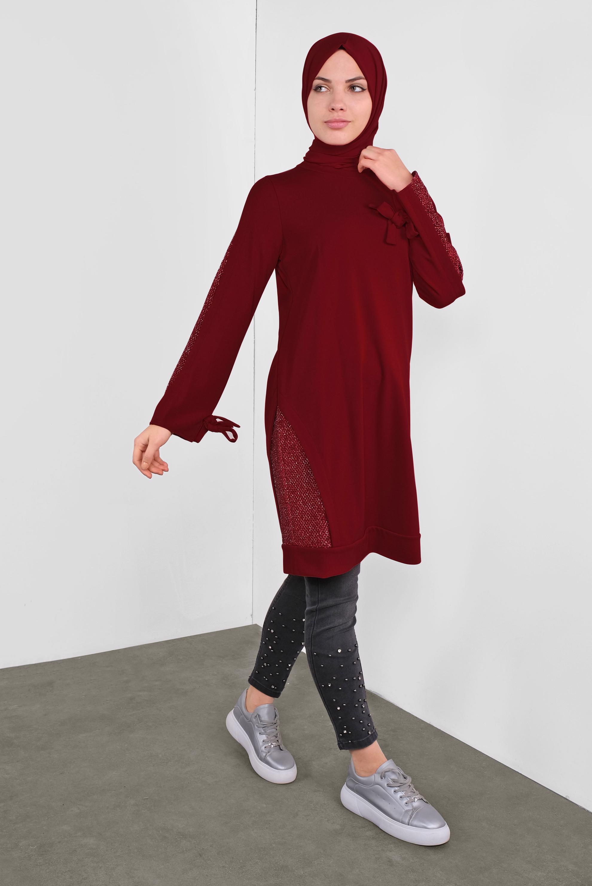 Tesettür giyim KIRMIZI FİLE DETAYLI TUNİK 41291