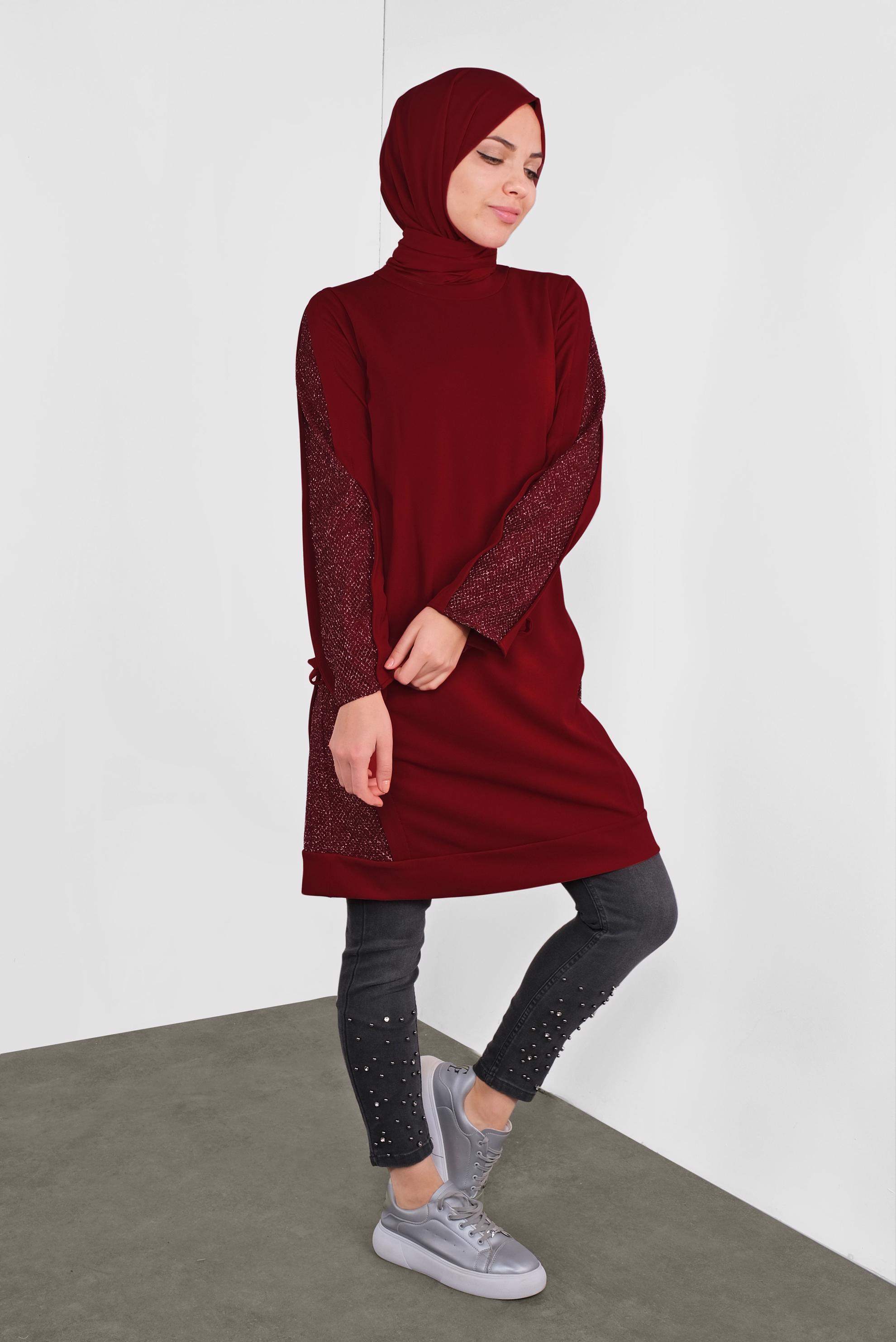 Tesettür giyim KIRMIZI FİLE DETAYLI TUNİK 41291