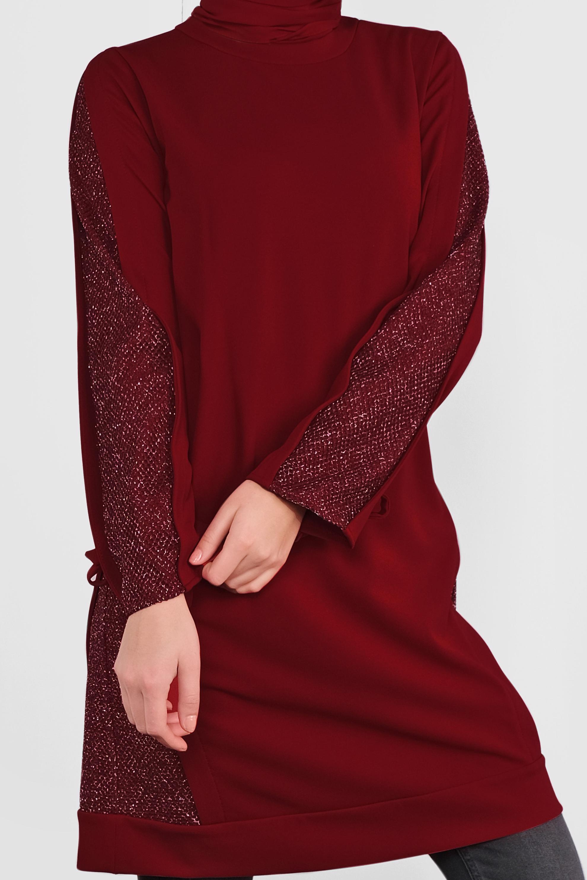 Tesettür giyim KIRMIZI FİLE DETAYLI TUNİK 41291