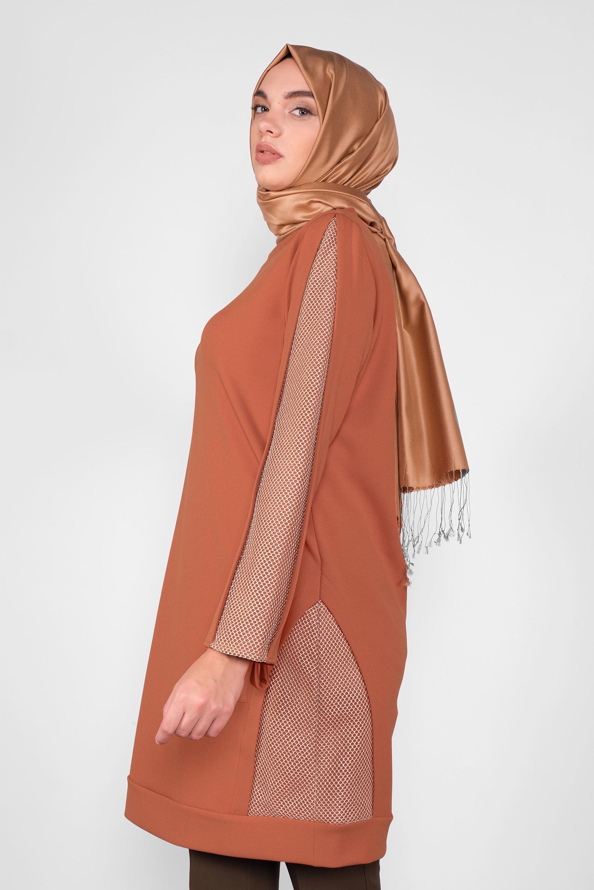 Tesettür giyim TURUNCU FİLE DETAYLI TUNİK 41291