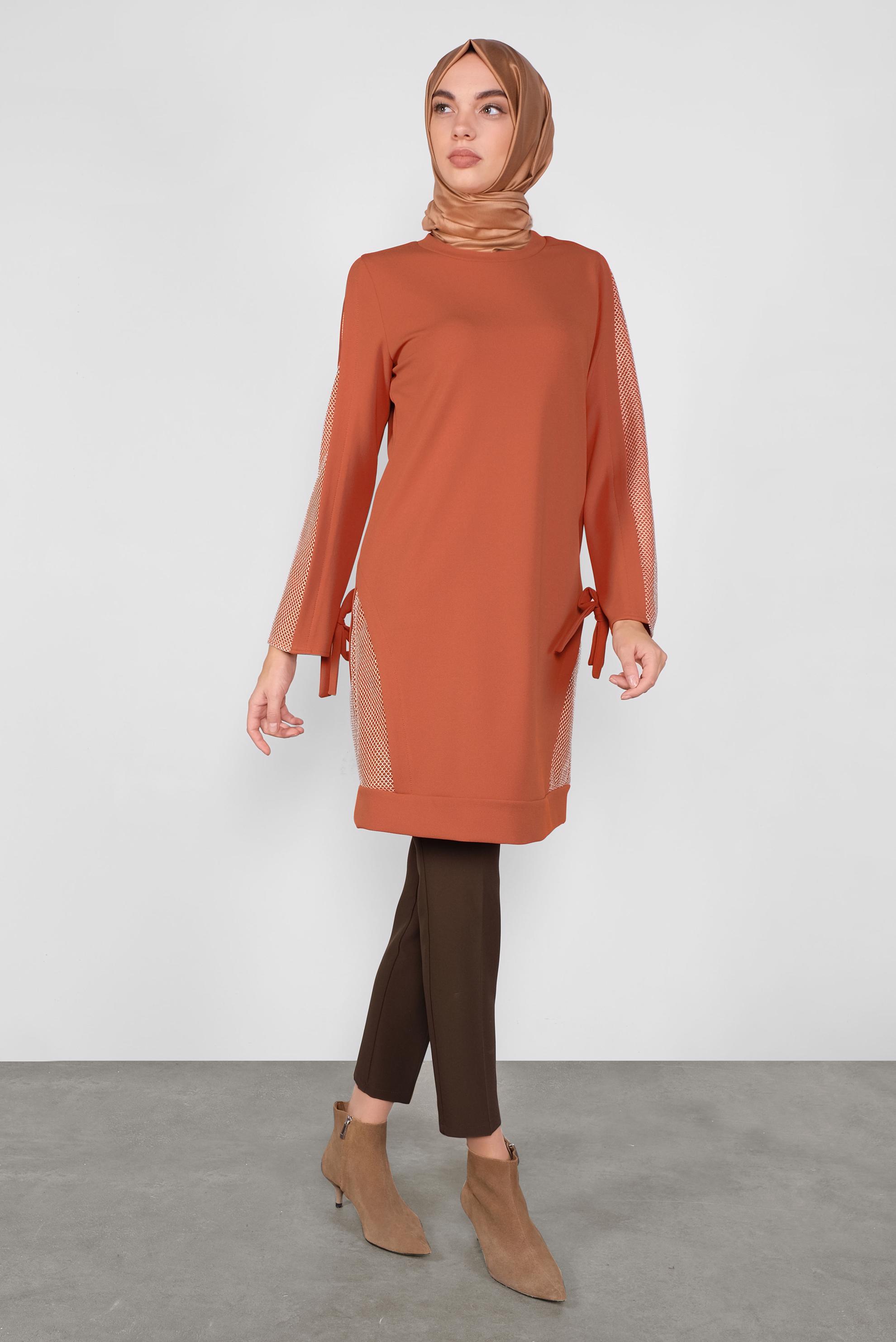 Tesettür giyim TURUNCU FİLE DETAYLI TUNİK 41291