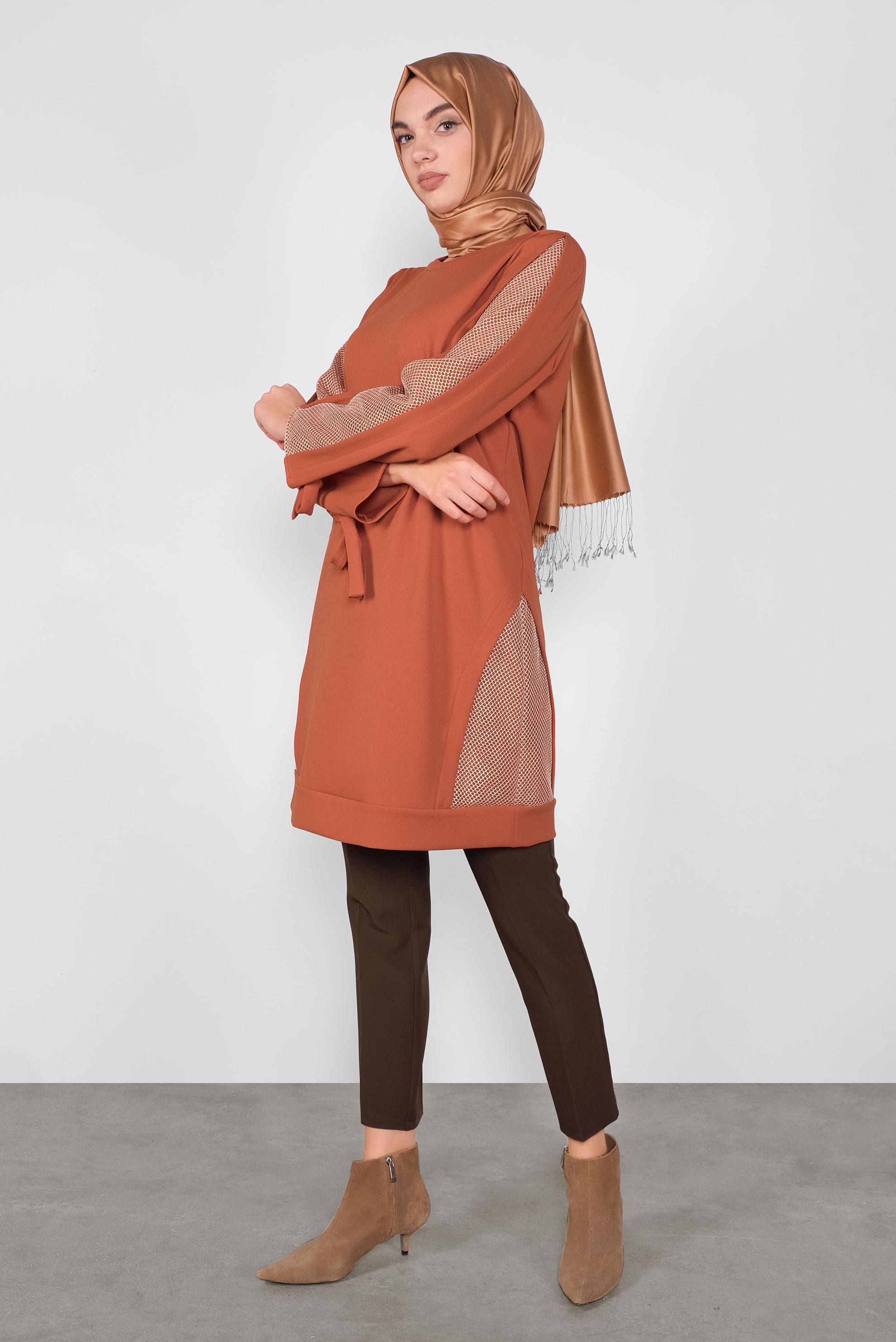 Tesettür giyim TURUNCU FİLE DETAYLI TUNİK 41291