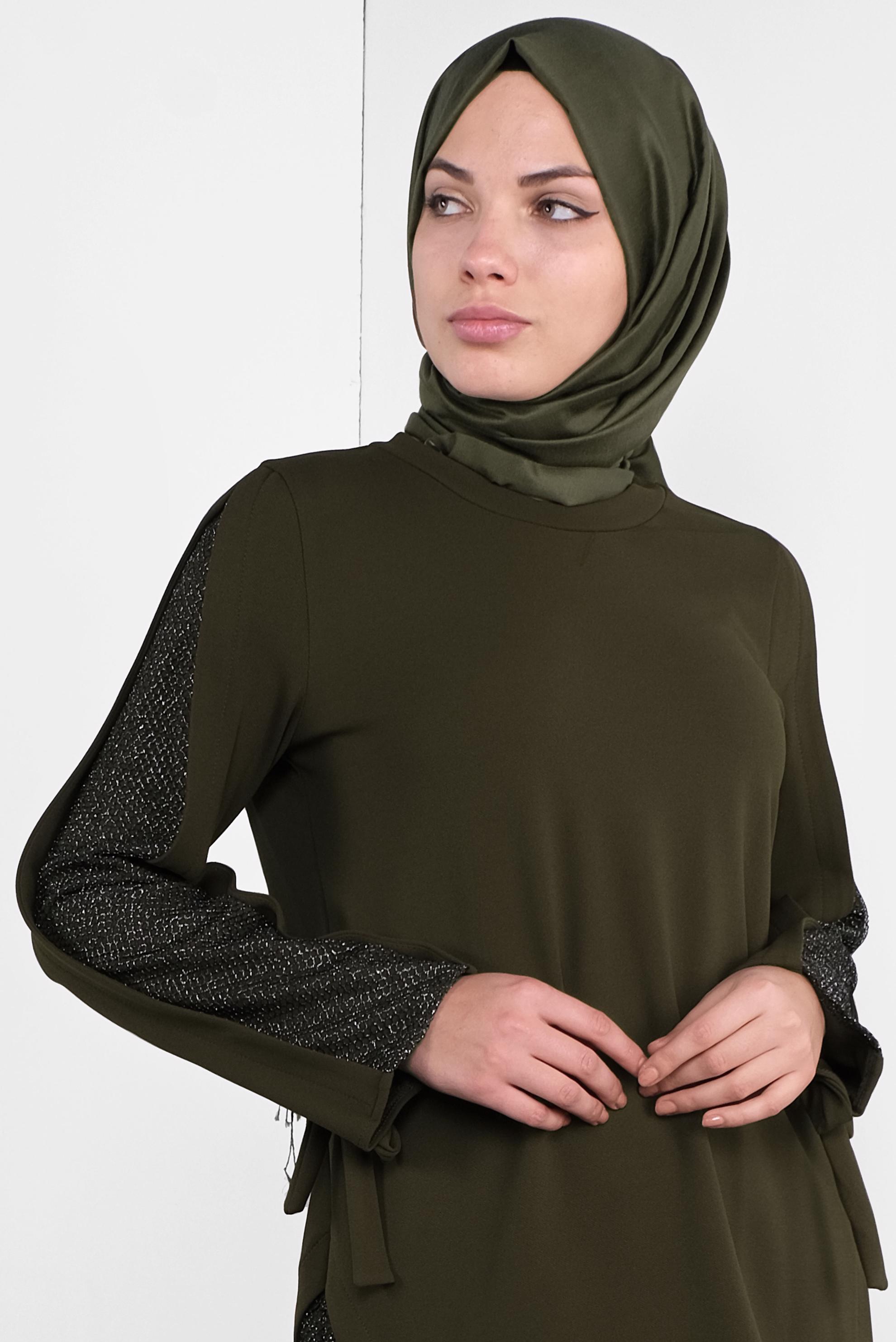 Tesettür giyim HAKİ FİLE DETAYLI TUNİK 41291