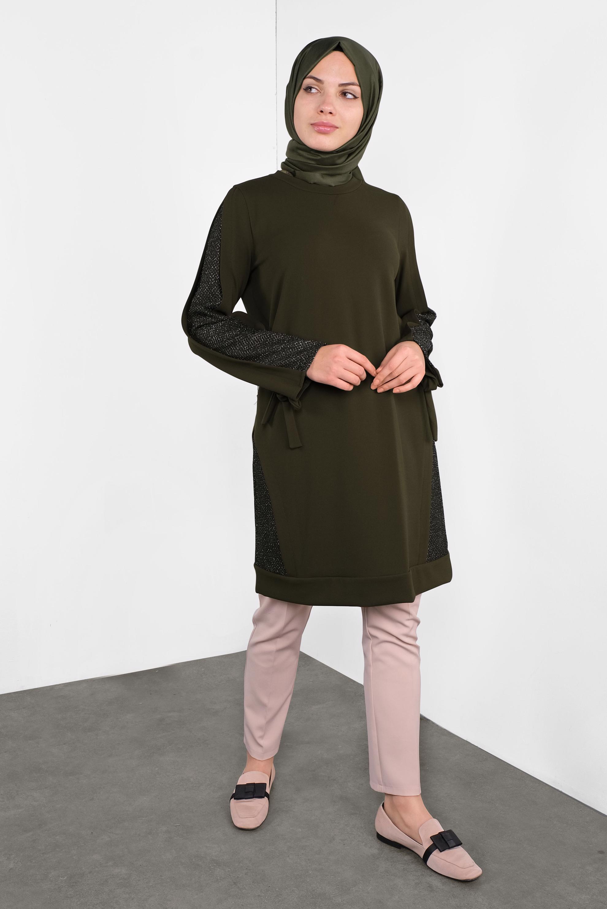 Tesettür giyim HAKİ FİLE DETAYLI TUNİK 41291