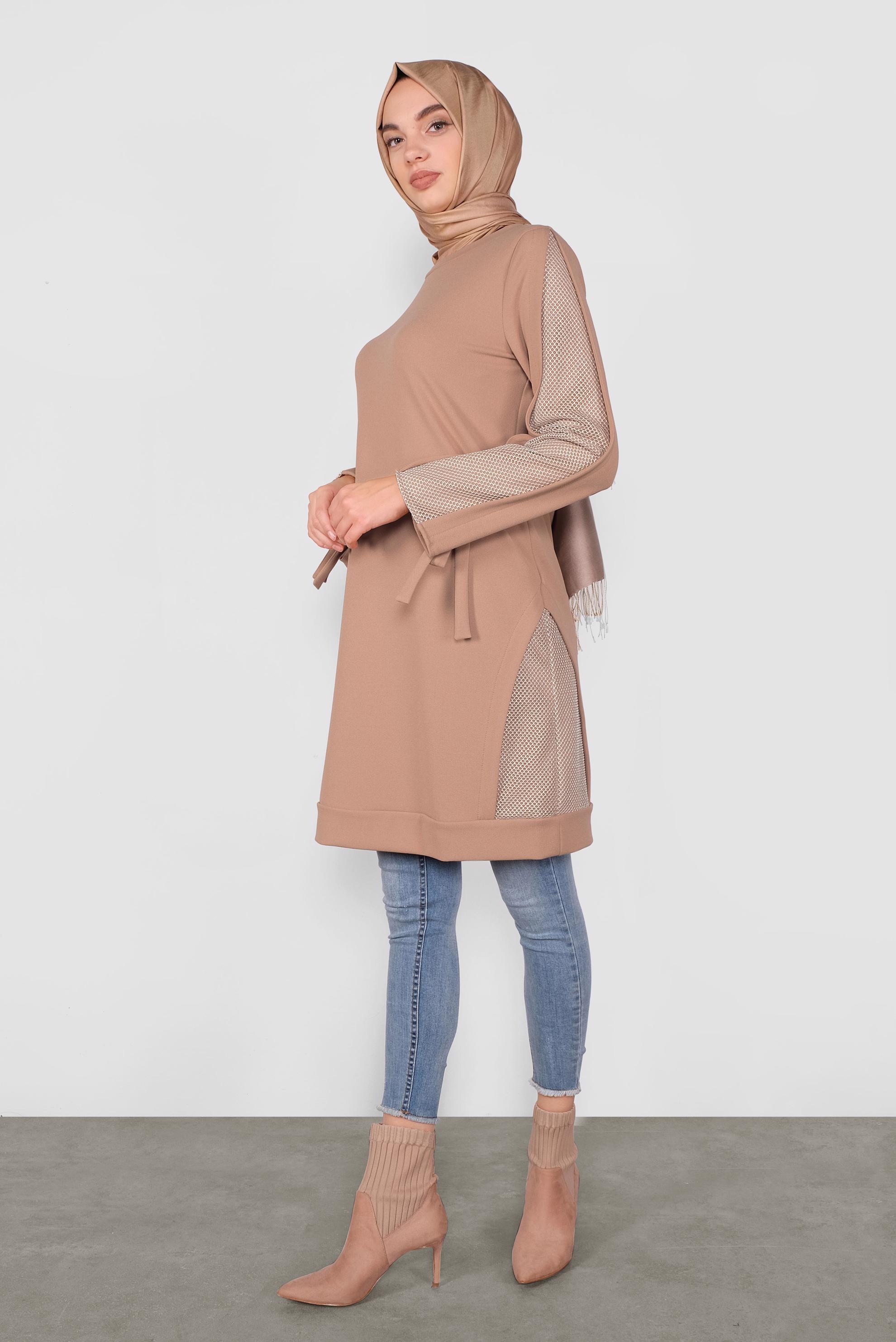 Tesettür giyim KAHVE FİLE DETAYLI TUNİK 41291
