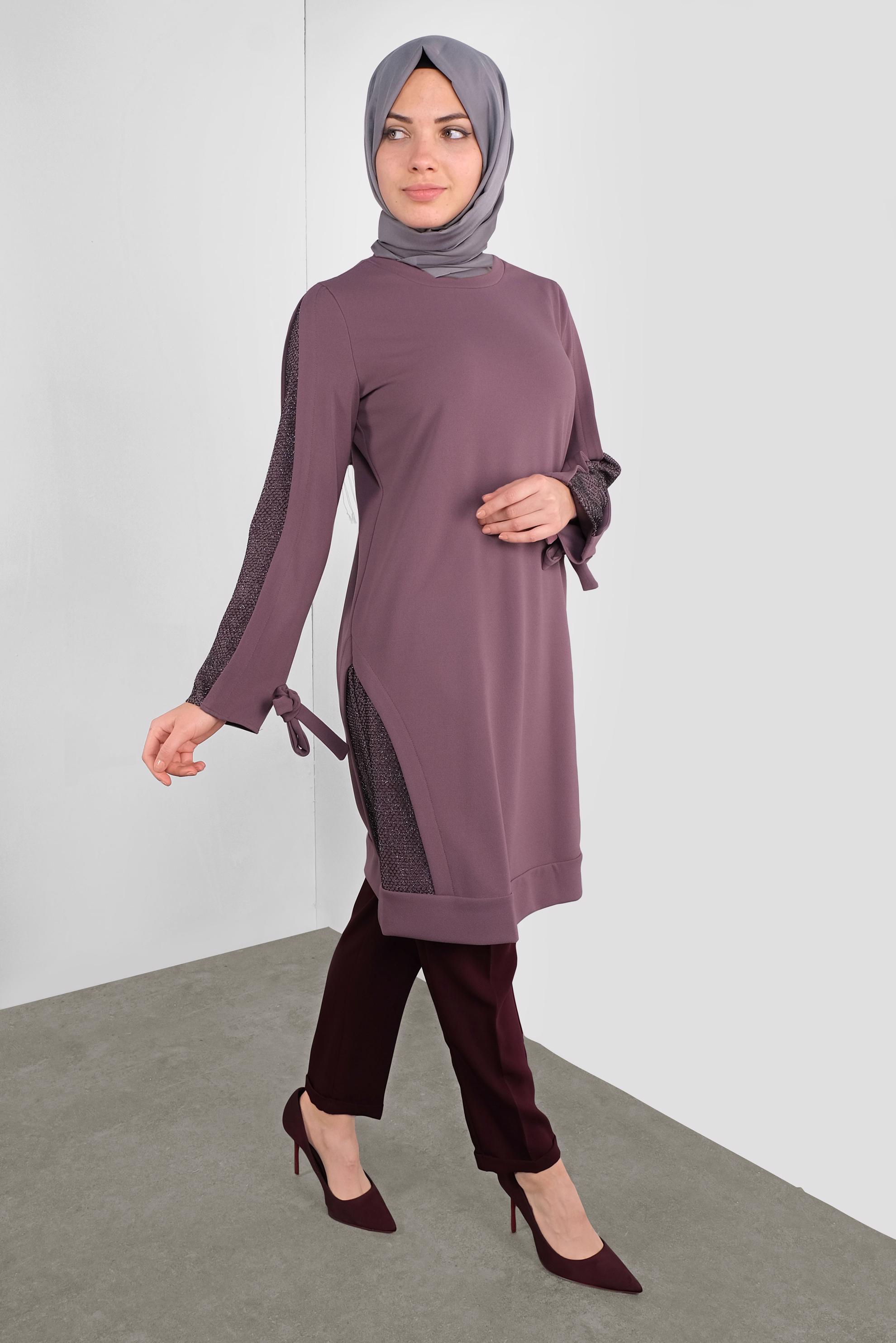 Tesettür giyim MOR FİLE DETAYLI TUNİK 41291