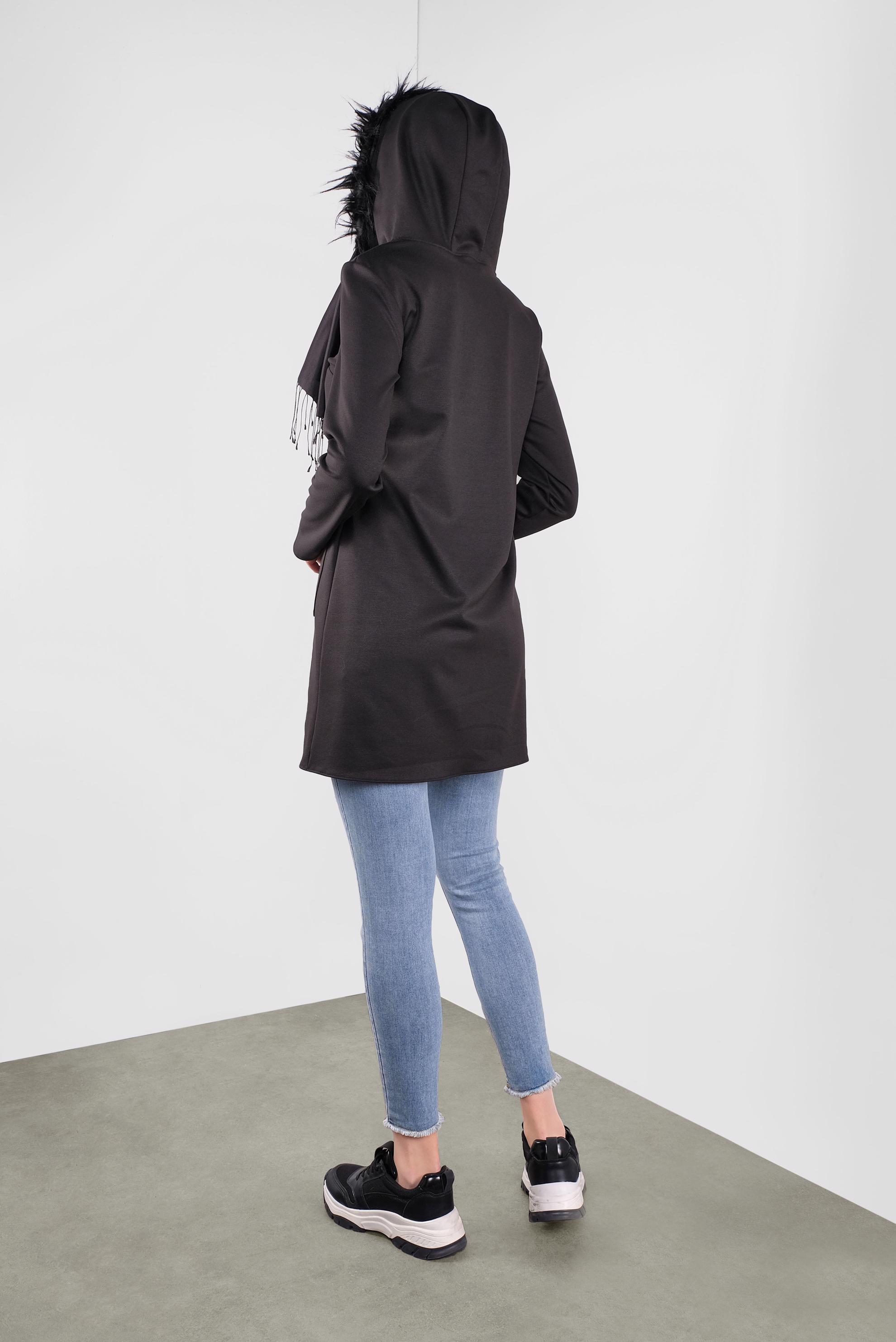 Tesettür giyim SİYAH KAPÜŞONU KÜRKLÜ BAĞCIKLI TUNİK 41292