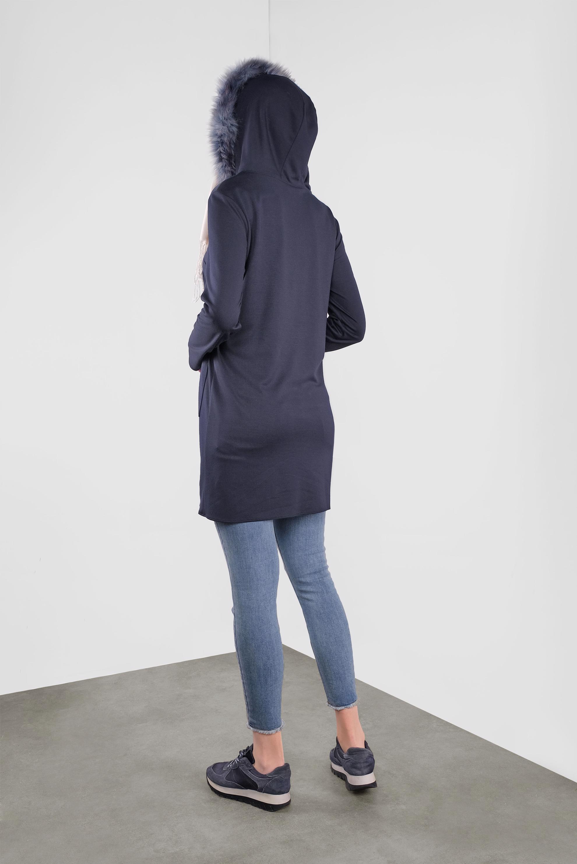 Tesettür giyim LACİVERT KAPÜŞONU KÜRKLÜ BAĞCIKLI TUNİK 41292