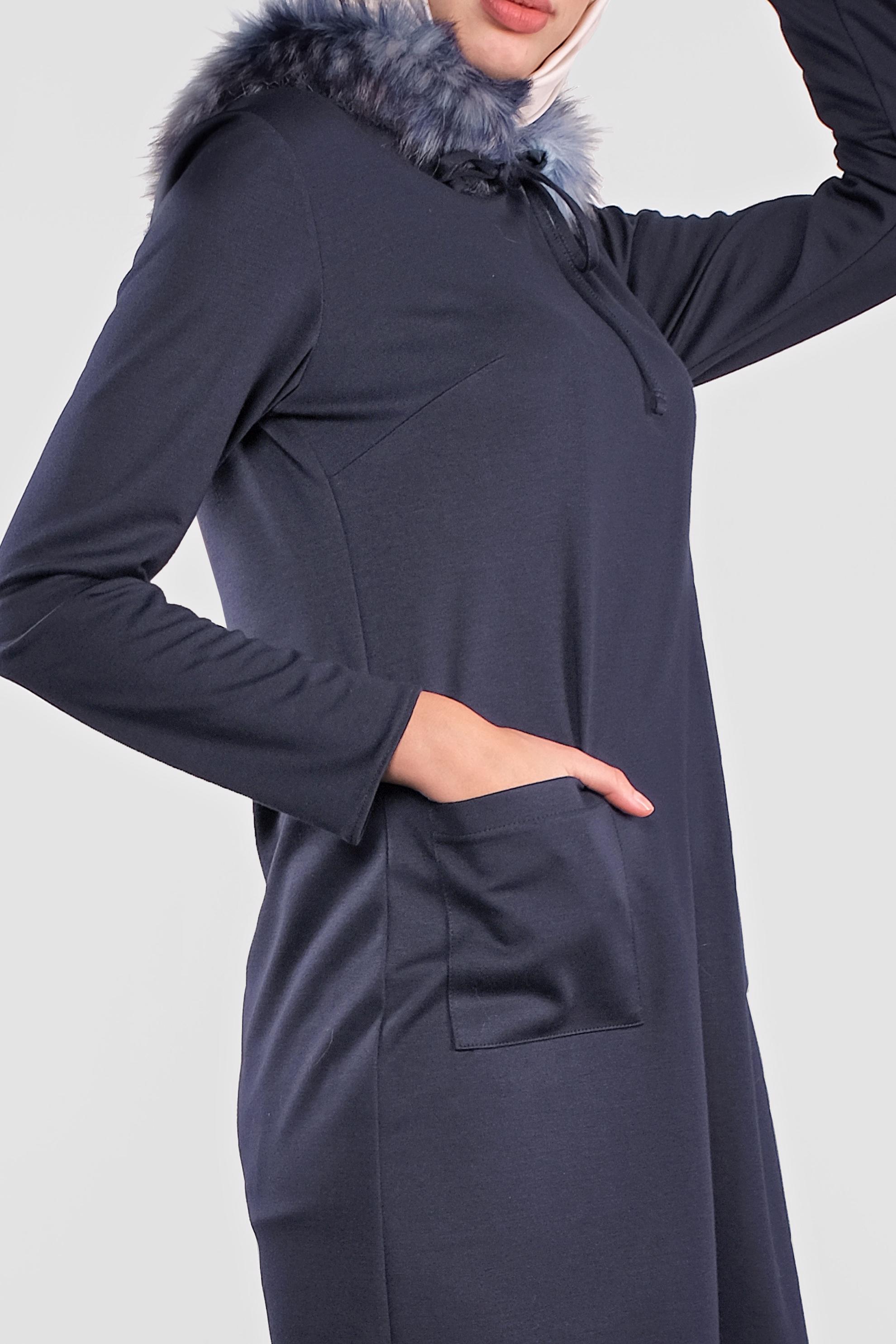 Tesettür giyim LACİVERT KAPÜŞONU KÜRKLÜ BAĞCIKLI TUNİK 41292