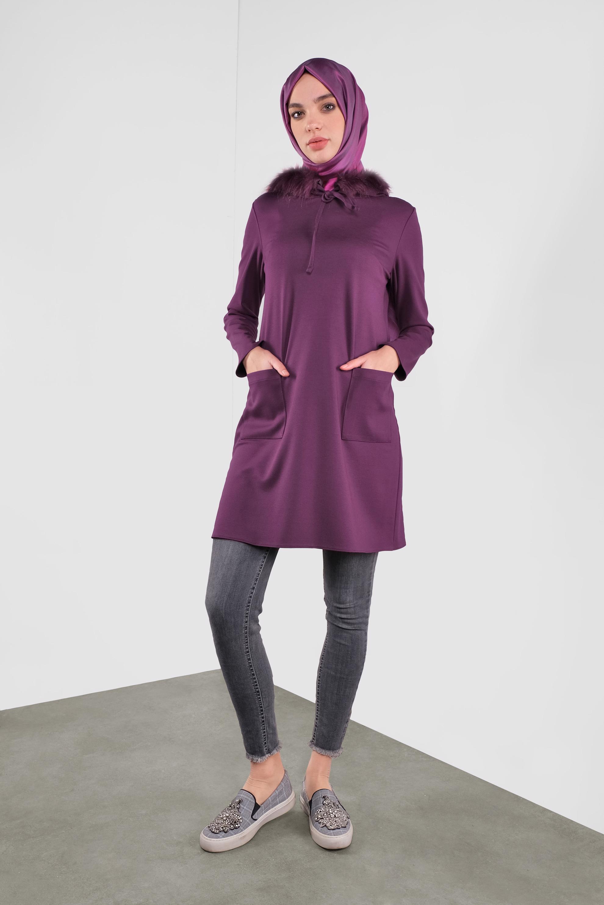 Tesettür giyim MOR KAPÜŞONU KÜRKLÜ BAĞCIKLI TUNİK 41292