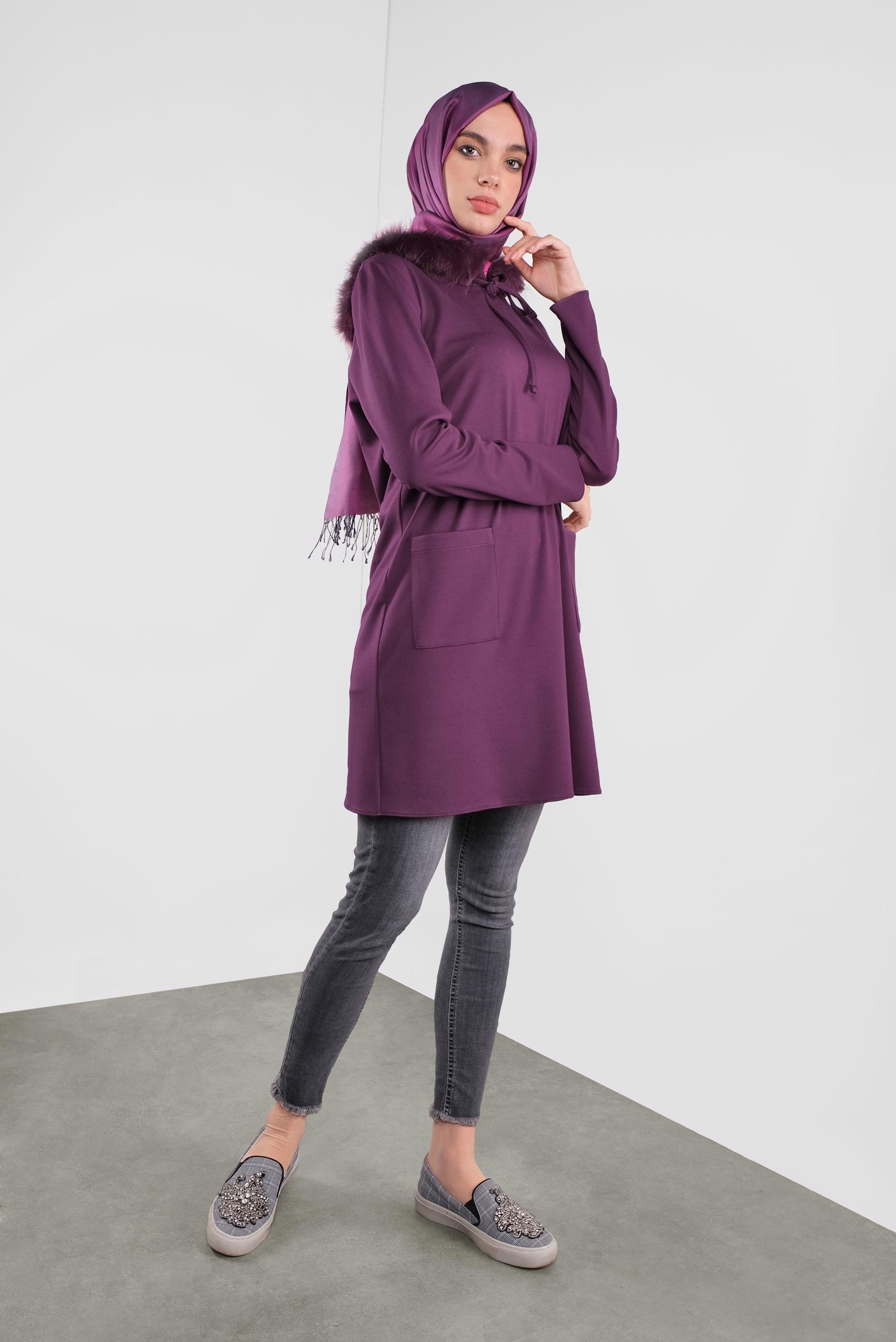 Tesettür giyim MOR KAPÜŞONU KÜRKLÜ BAĞCIKLI TUNİK 41292