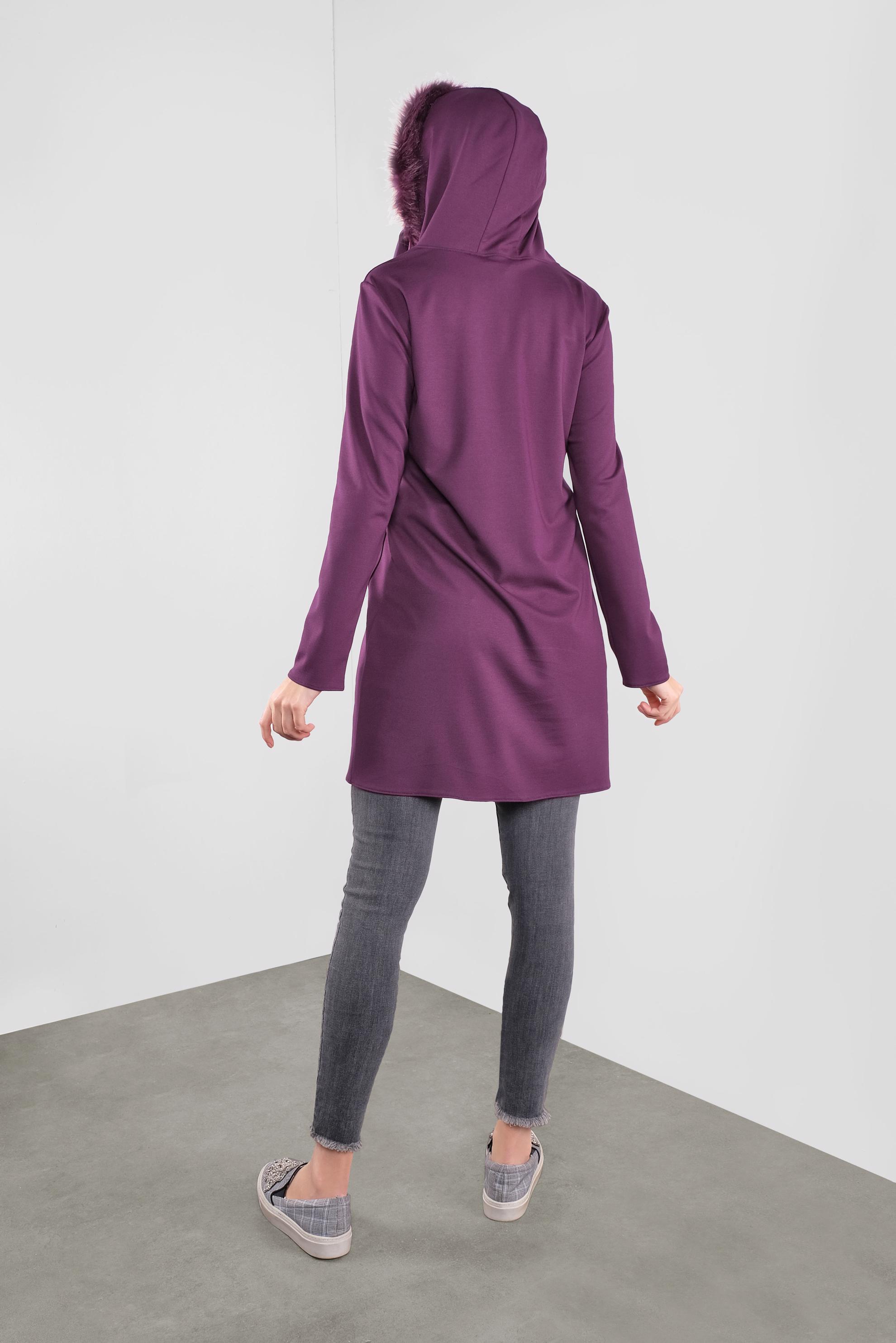 Tesettür giyim MOR KAPÜŞONU KÜRKLÜ BAĞCIKLI TUNİK 41292