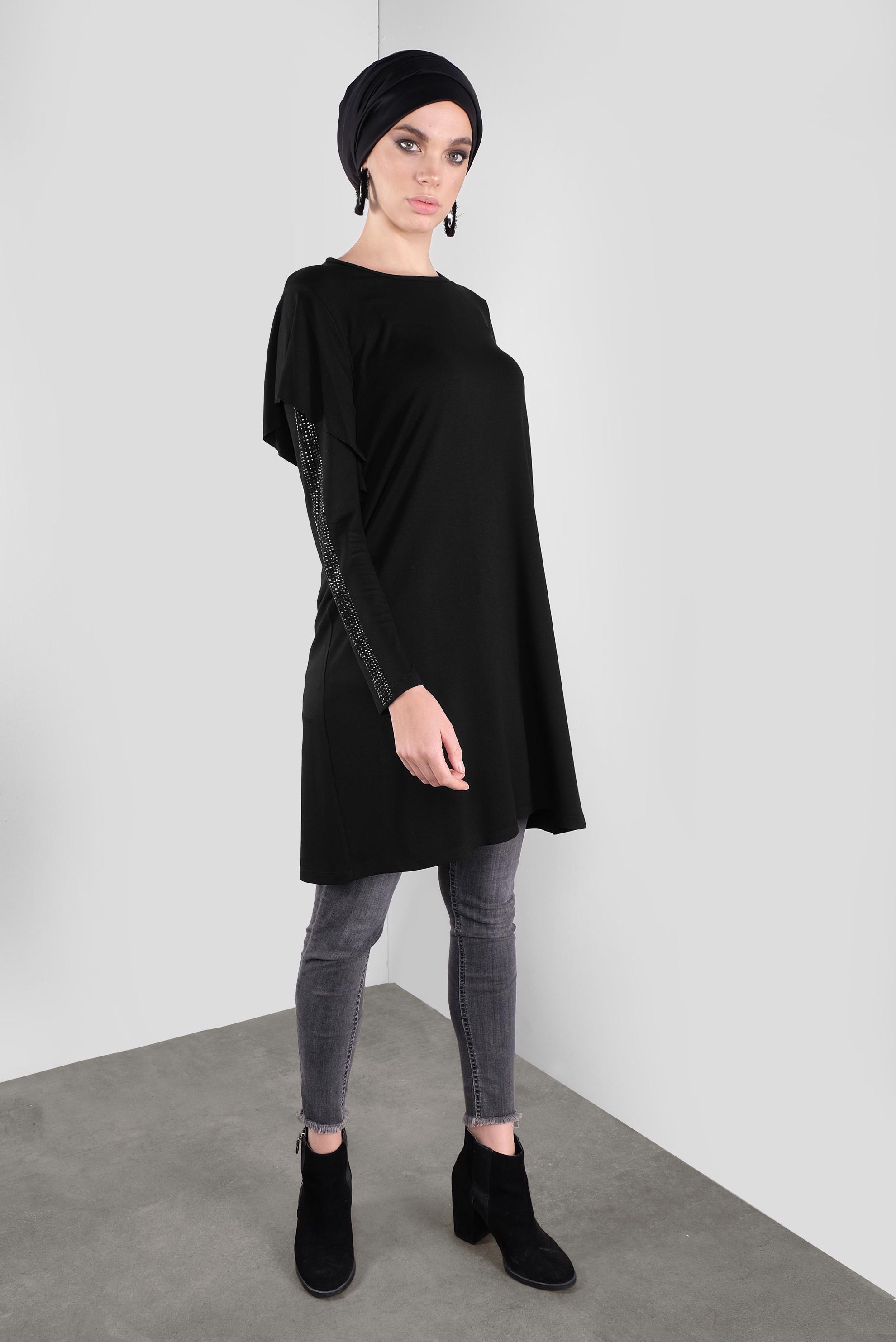 Tesettür giyim SİYAH TAŞ BASKILI FIRFIRLI TUNİK 41293 