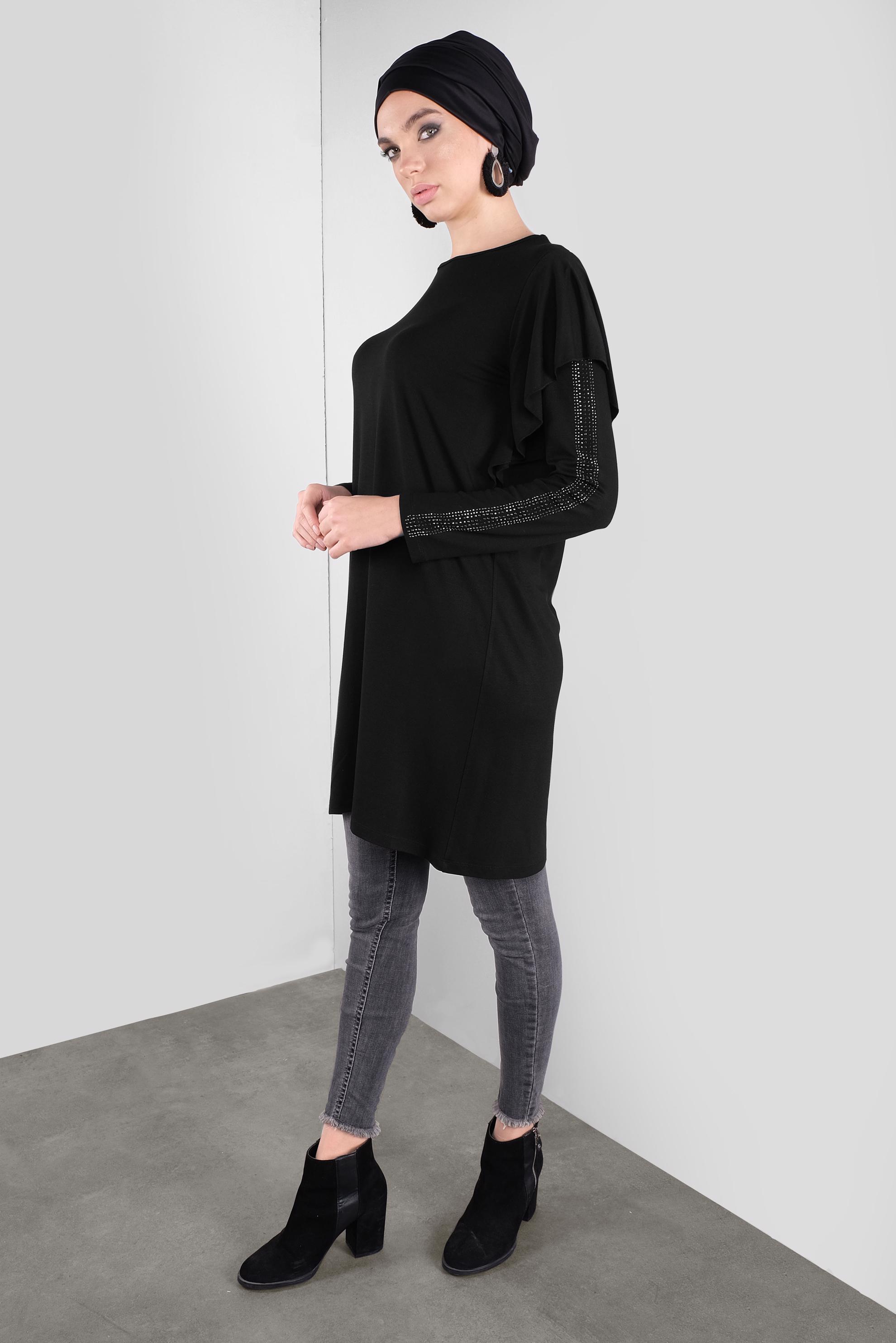 Tesettür giyim SİYAH TAŞ BASKILI FIRFIRLI TUNİK 41293 