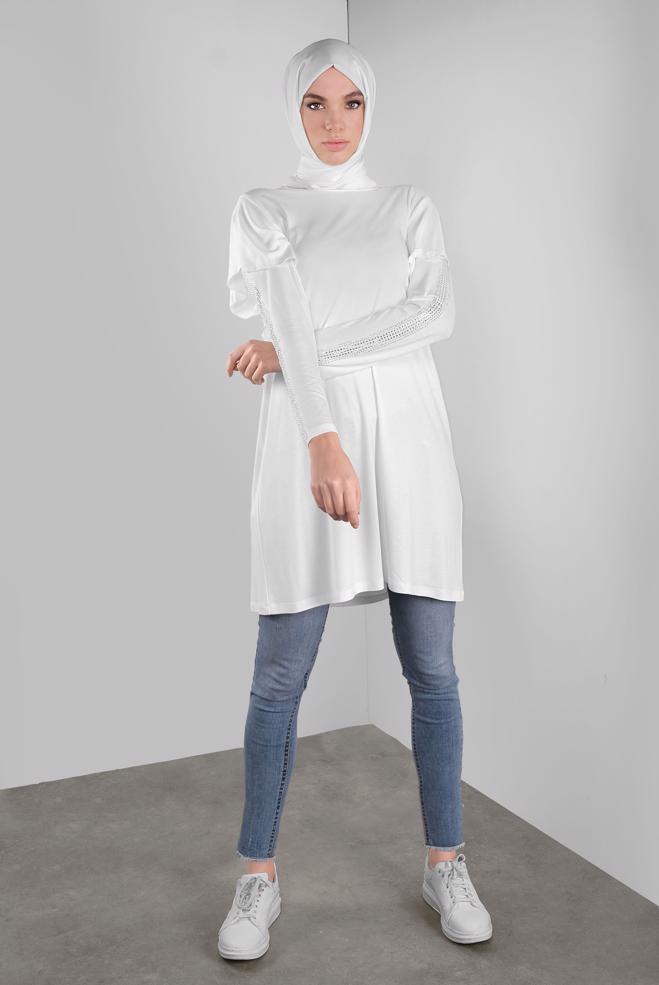 Vêtements hijab  TUNIQUE À RUCHÉE À EMBELIE 41293  - ALVİNA