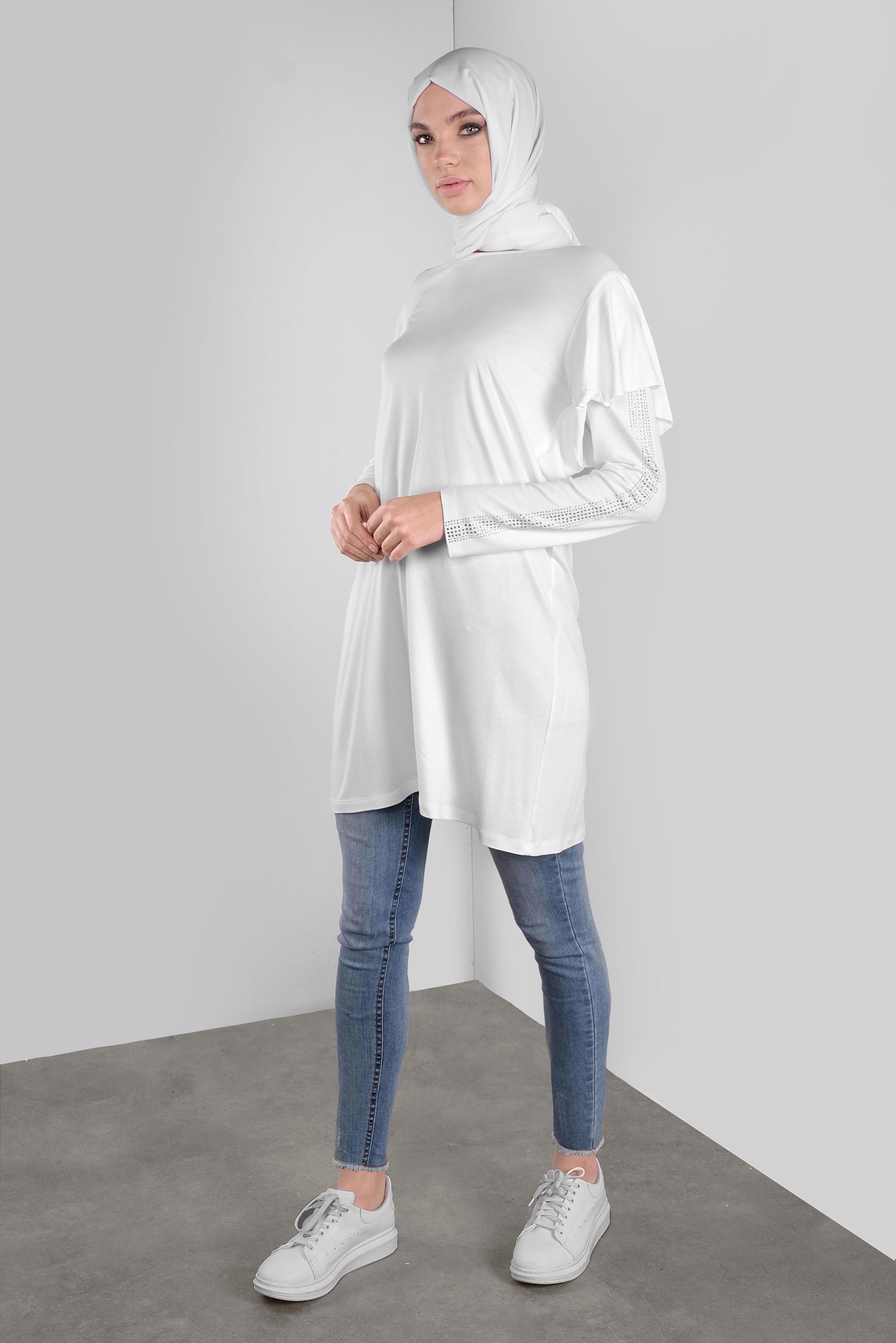 Vêtements hijab BLANC TUNIQUE À RUCHÉE À EMBELIE 41293 