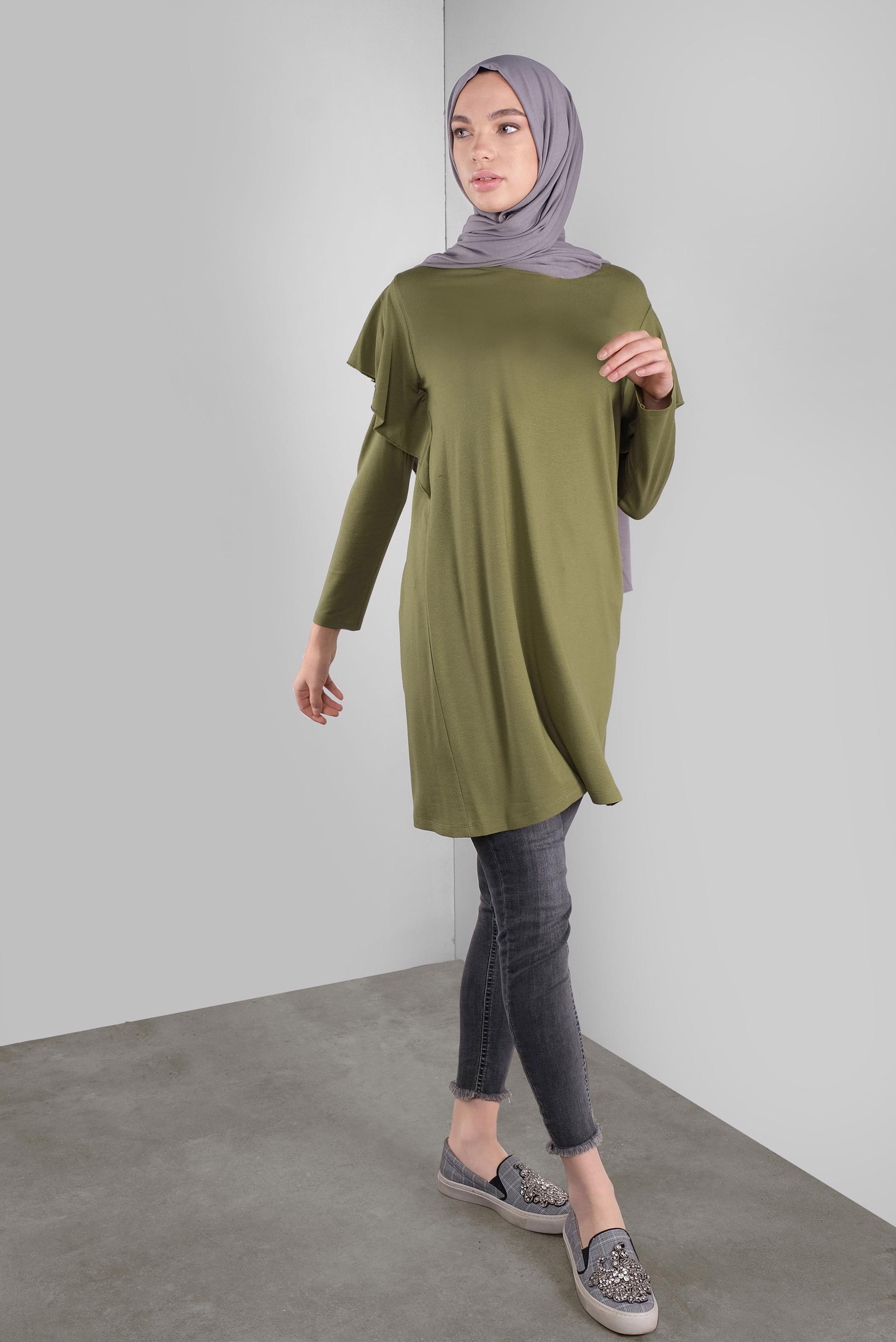 Tesettür giyim YEŞİL TAŞ BASKILI FIRFIRLI TUNİK 41293 