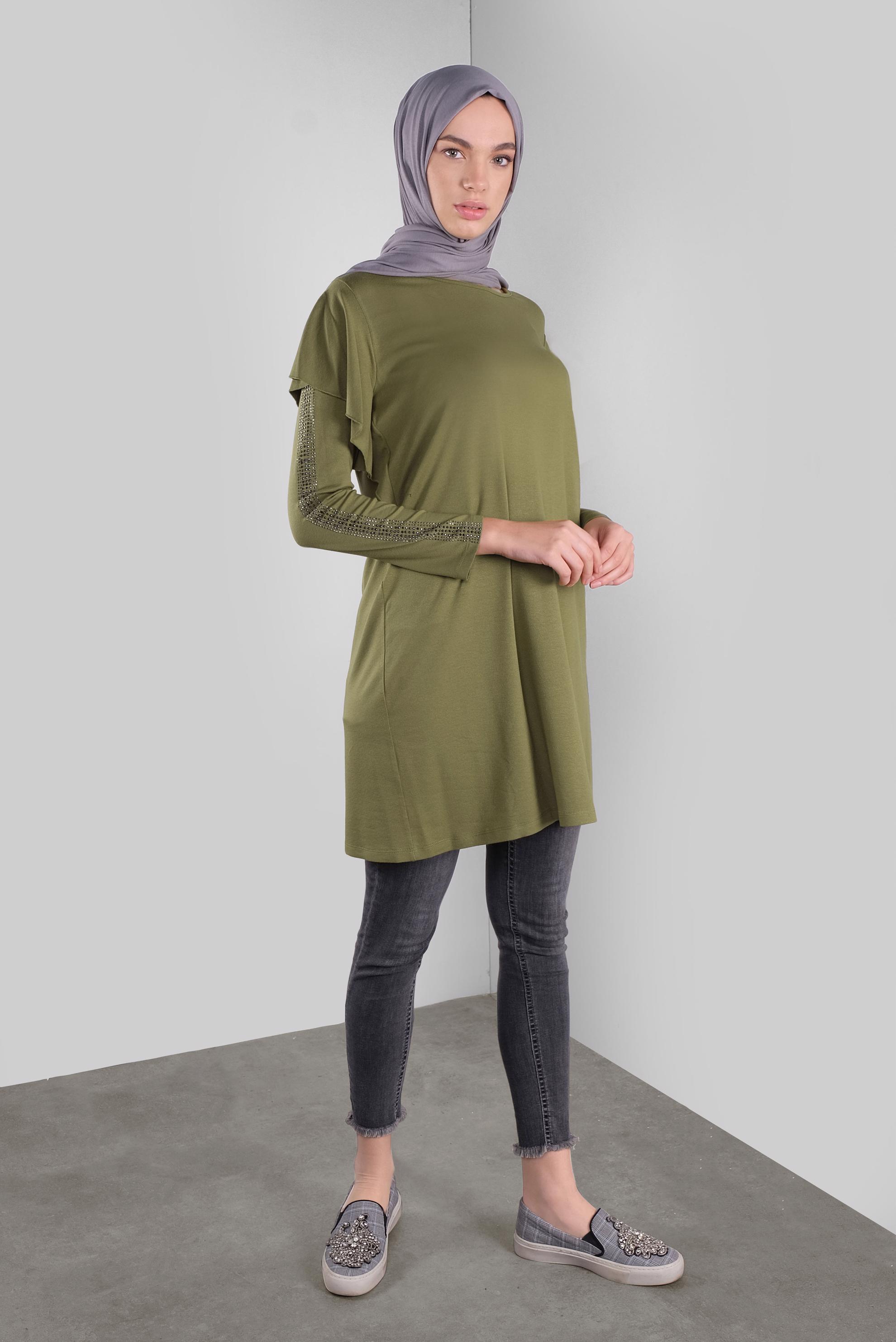 Tesettür giyim YEŞİL TAŞ BASKILI FIRFIRLI TUNİK 41293 