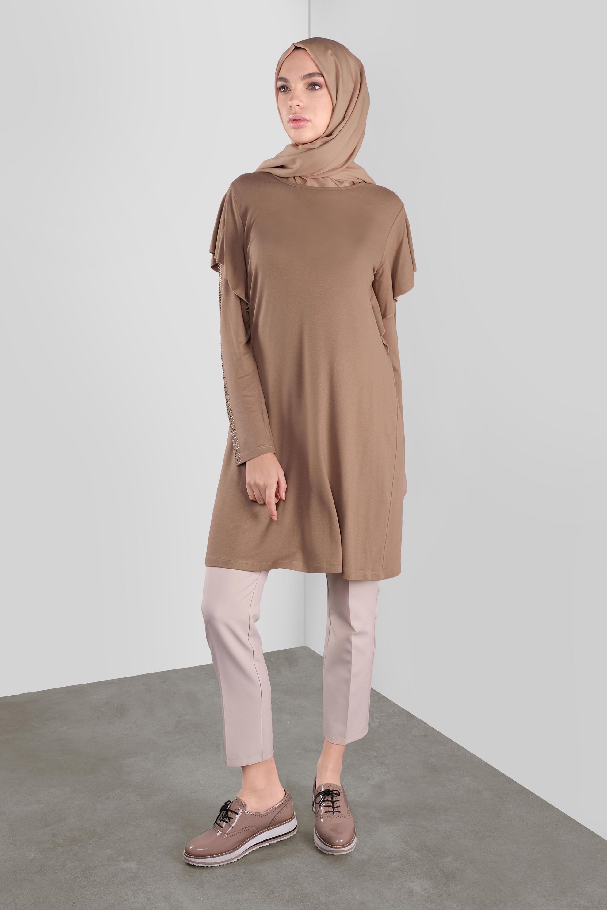 Tesettür giyim KAHVE TAŞ BASKILI FIRFIRLI TUNİK 41293 