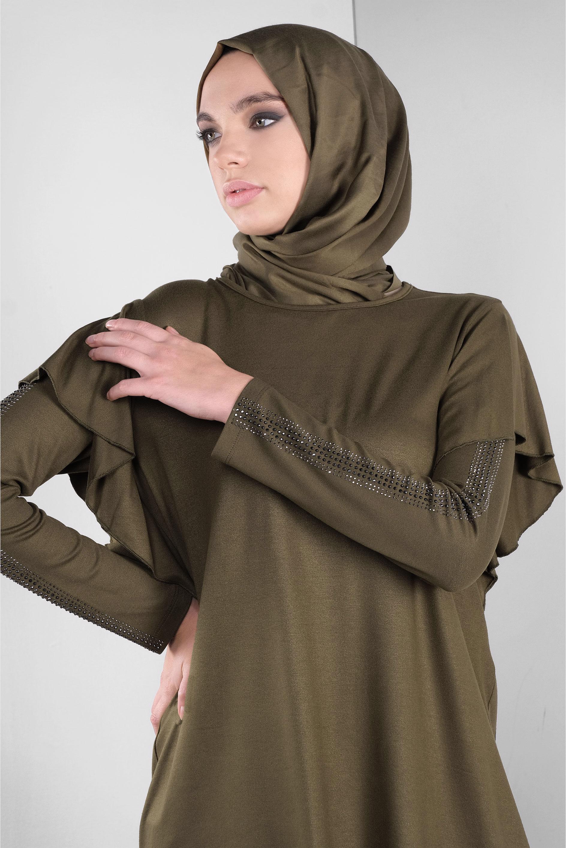 Tesettür giyim HAKİ TAŞ BASKILI FIRFIRLI TUNİK 41293 