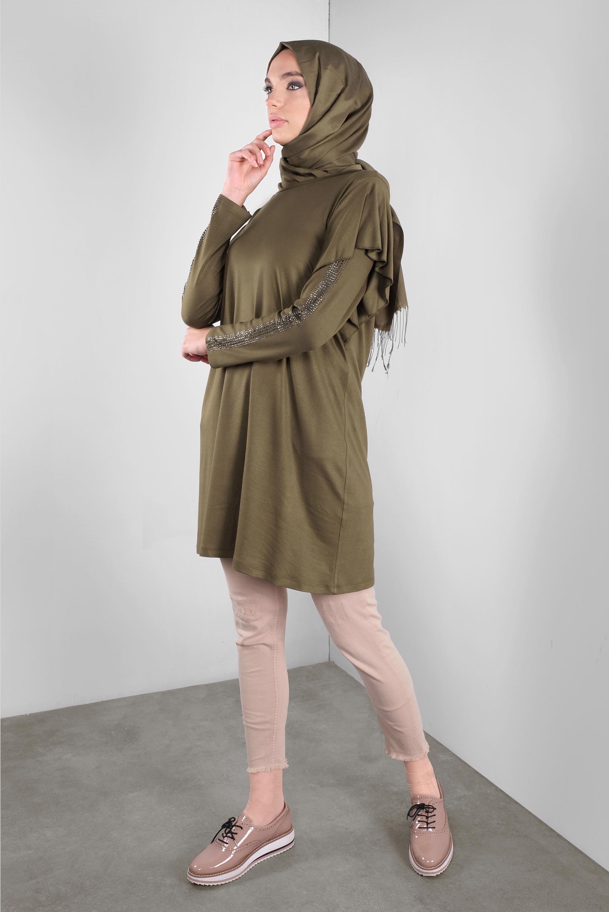 Tesettür giyim HAKİ TAŞ BASKILI FIRFIRLI TUNİK 41293 