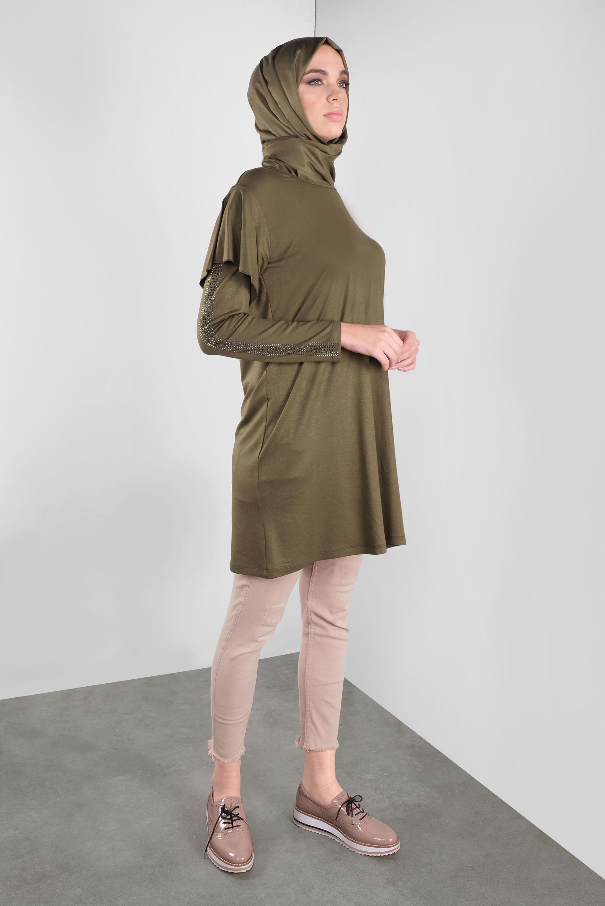 Tesettür giyim HAKİ TAŞ BASKILI FIRFIRLI TUNİK 41293 