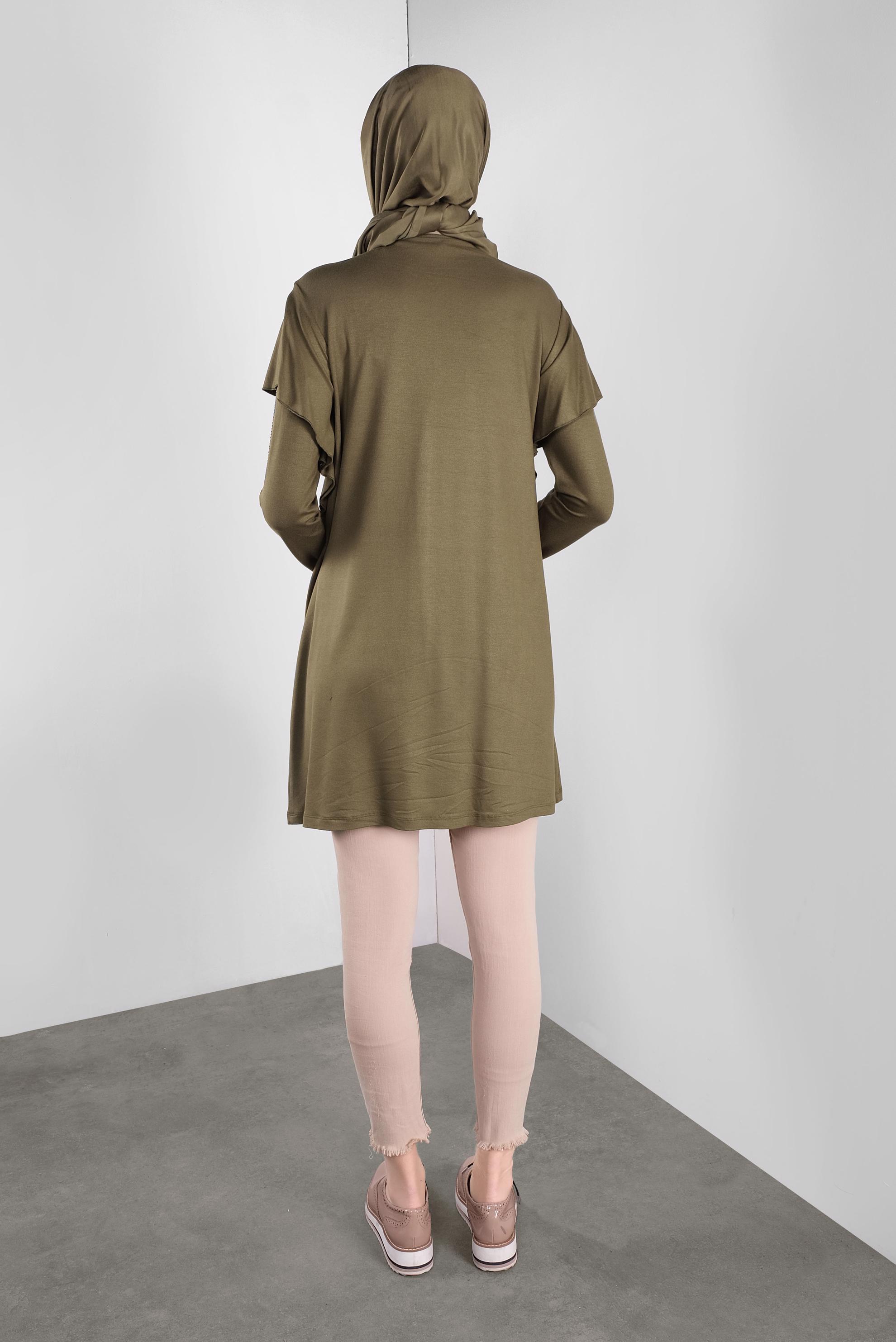 Tesettür giyim HAKİ TAŞ BASKILI FIRFIRLI TUNİK 41293 