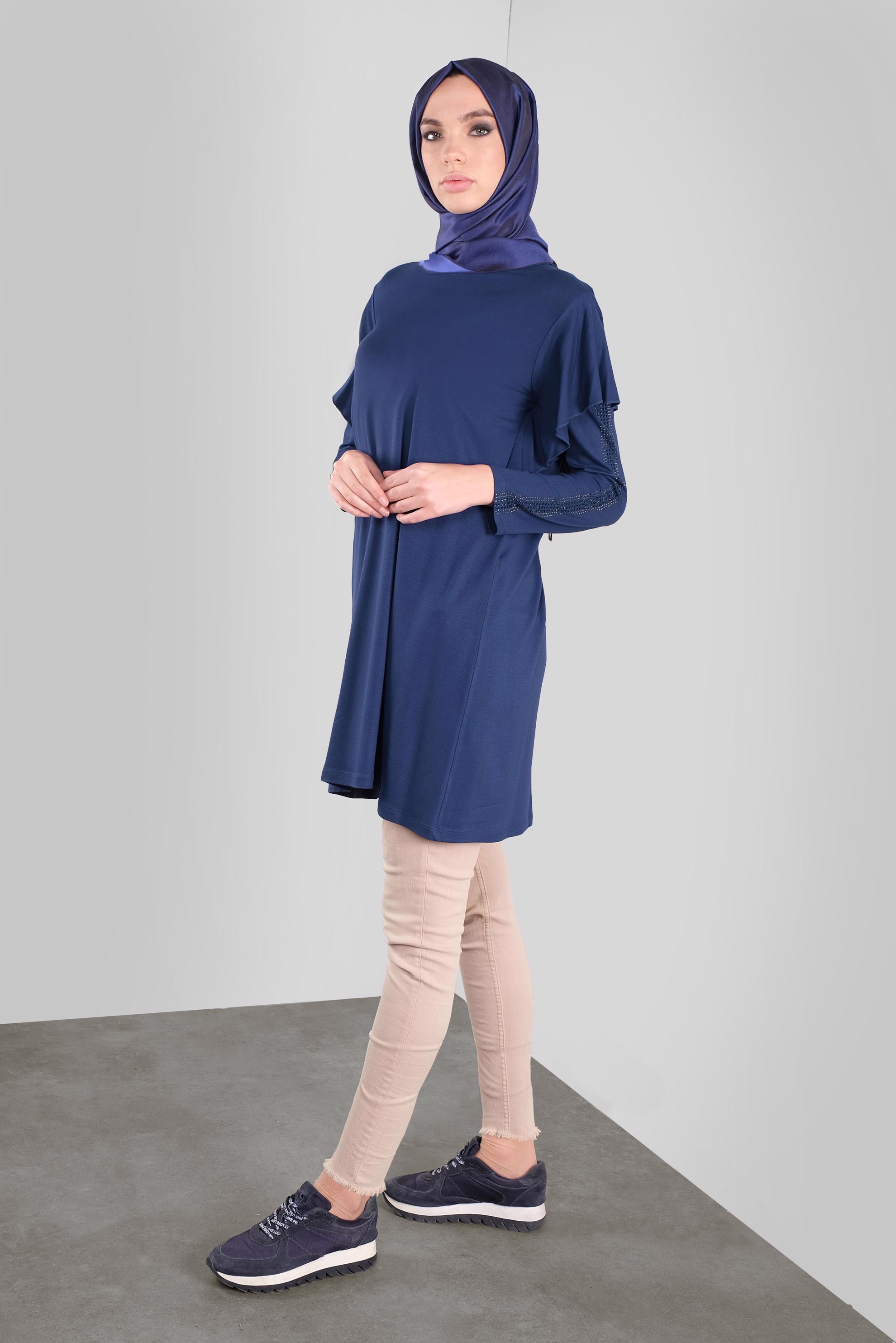 Tesettür giyim LACİVERT TAŞ BASKILI FIRFIRLI TUNİK 41293 