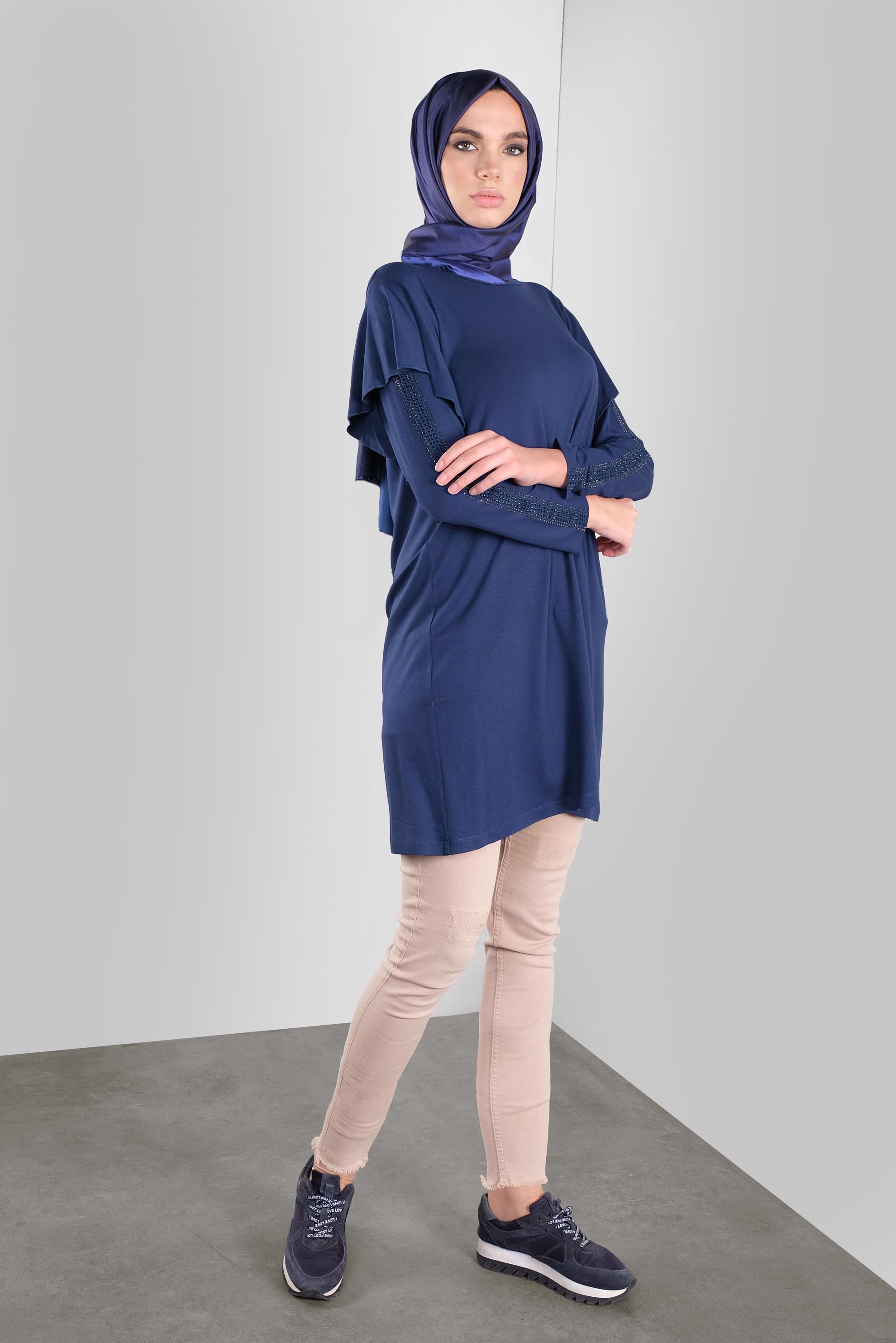 Tesettür giyim LACİVERT TAŞ BASKILI FIRFIRLI TUNİK 41293 