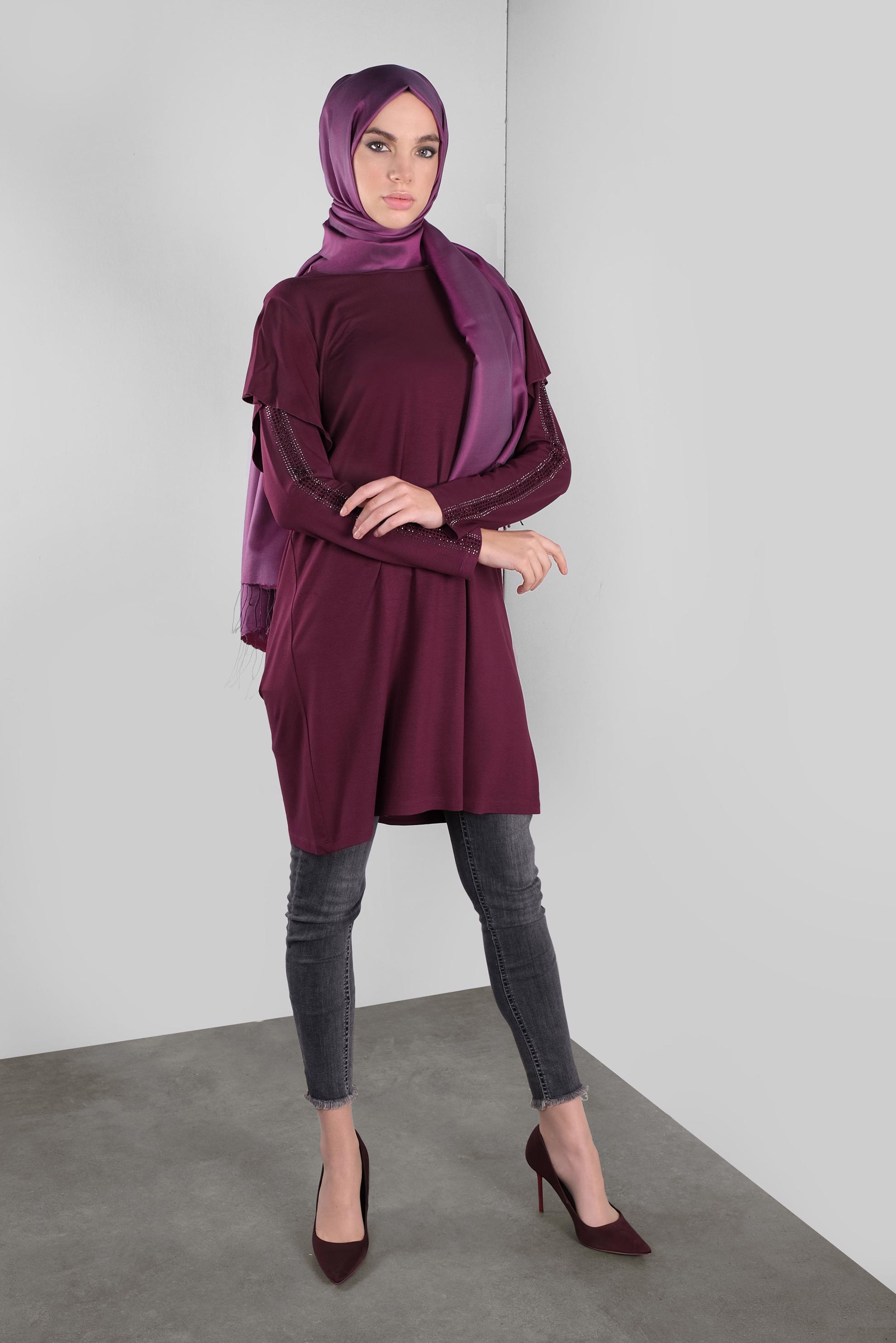 Tesettür giyim MOR TAŞ BASKILI FIRFIRLI TUNİK 41293 